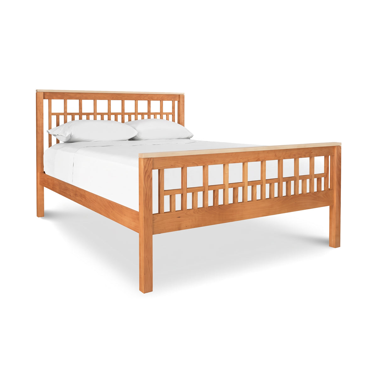 Vermont Furniture Designs Modern American Trellis Bed with grid headboard, white bedding, and two pillows, showcasing fine American craftsmanship.