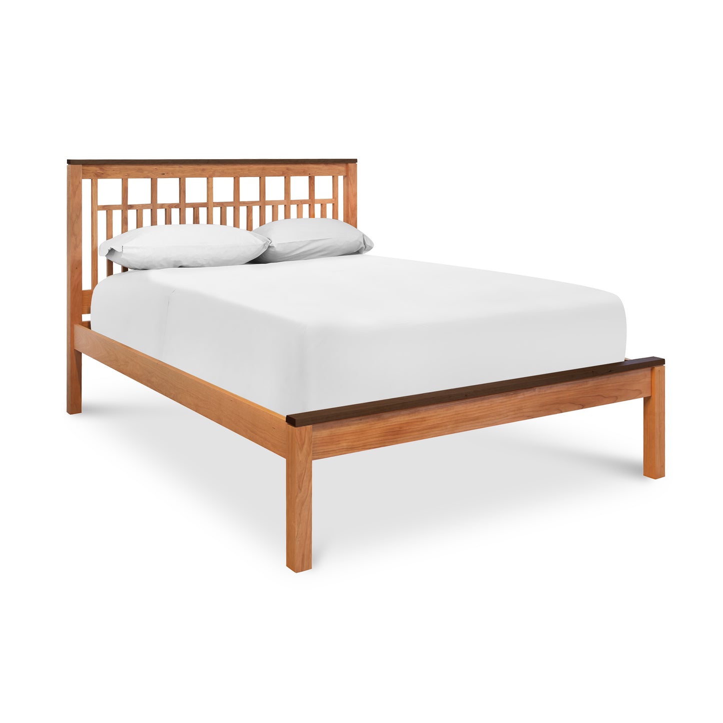 Modern American Trellis Low Footboard Bed with minimalist wooden headboard, eco-friendly finish, and white mattress by Vermont Furniture Designs.