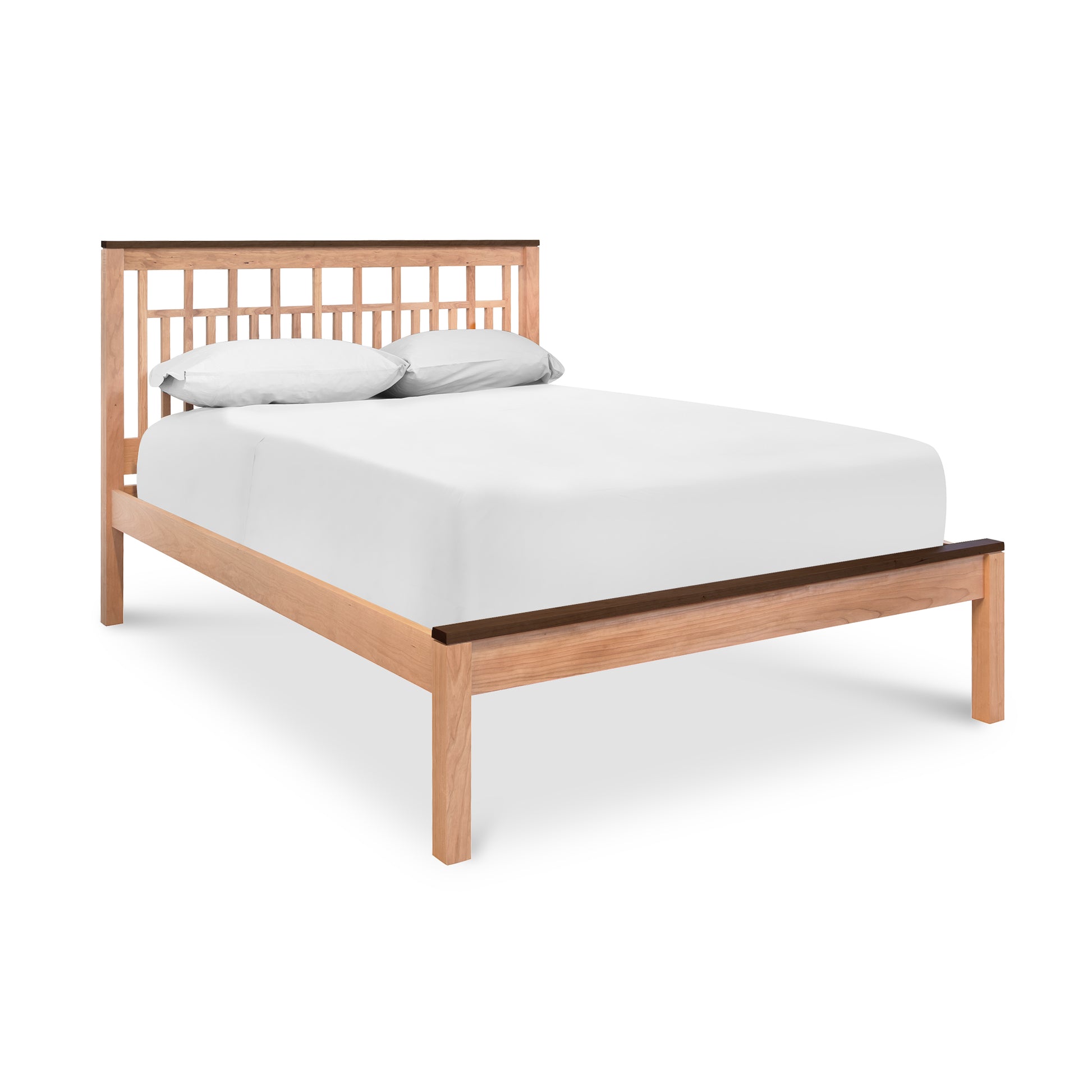 Modern American Trellis Low Footboard Bed with hardwood frame and slatted headboard by Vermont Furniture Designs, featuring eco-friendly finish and white bedding.