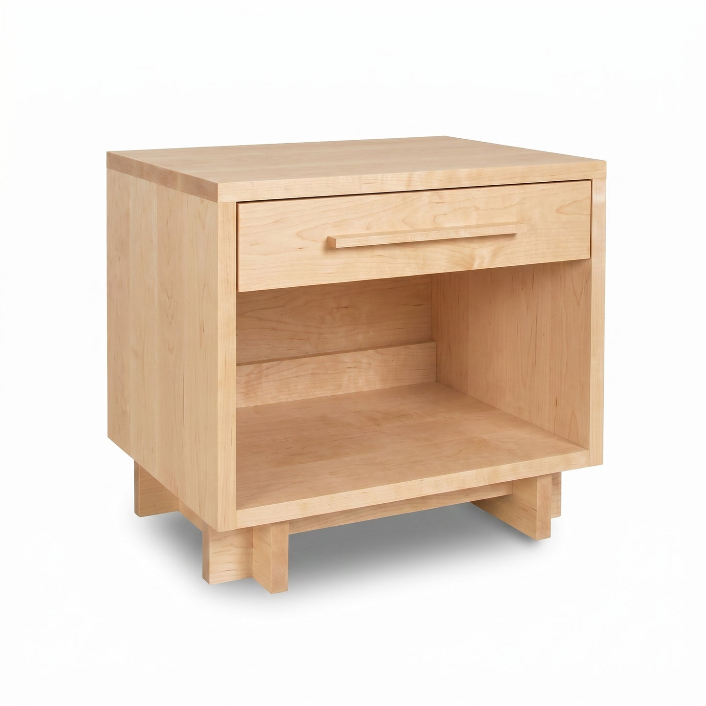 Vermont Furniture Designs Modern American nightstand with 1 drawer and enclosed shelf, expertly crafted in solid wood, shown close-up.