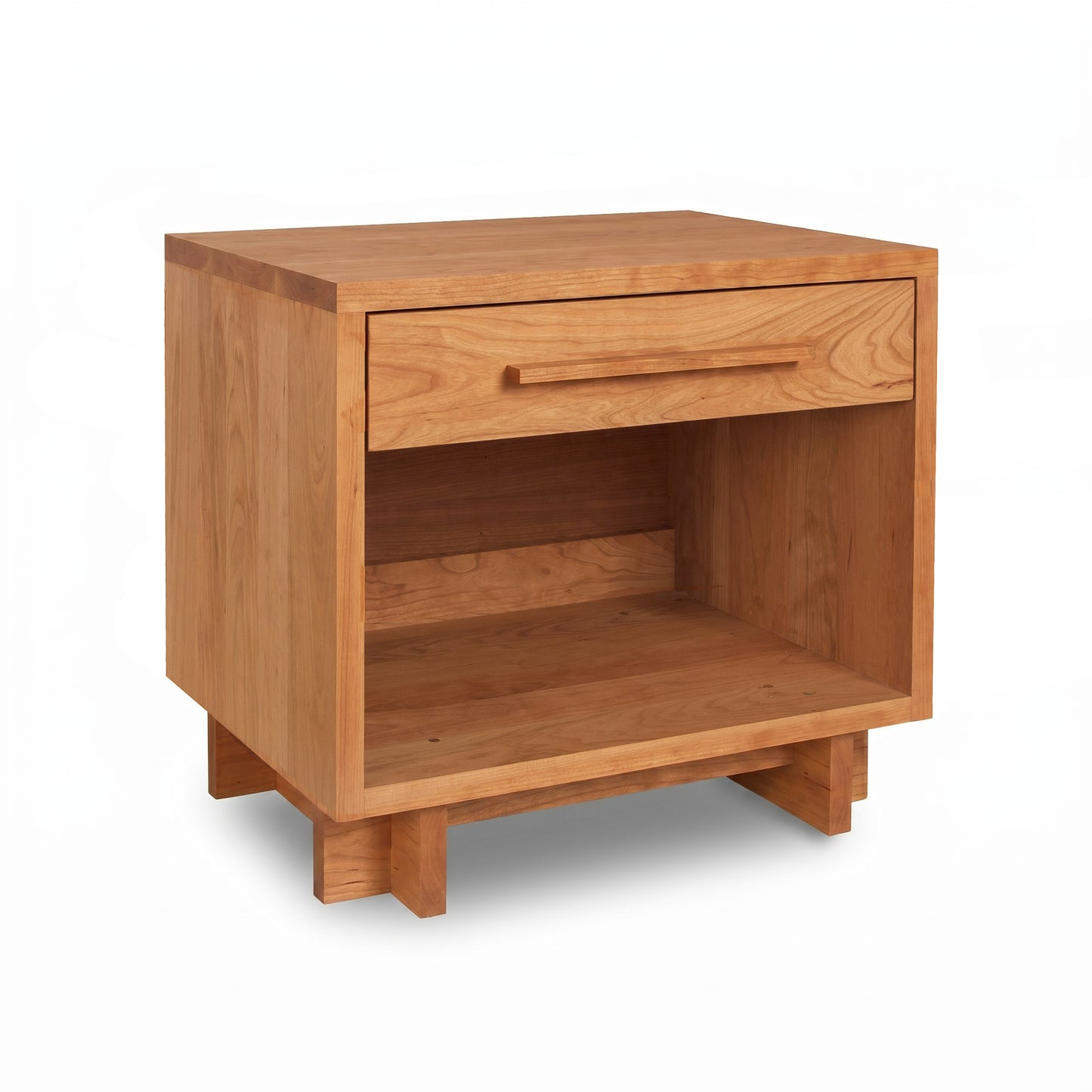 Modern American 1-Drawer Nightstand by Vermont Furniture Designs with enclosed shelf, handcrafted in the USA from solid wood, shown in a contemporary finish.