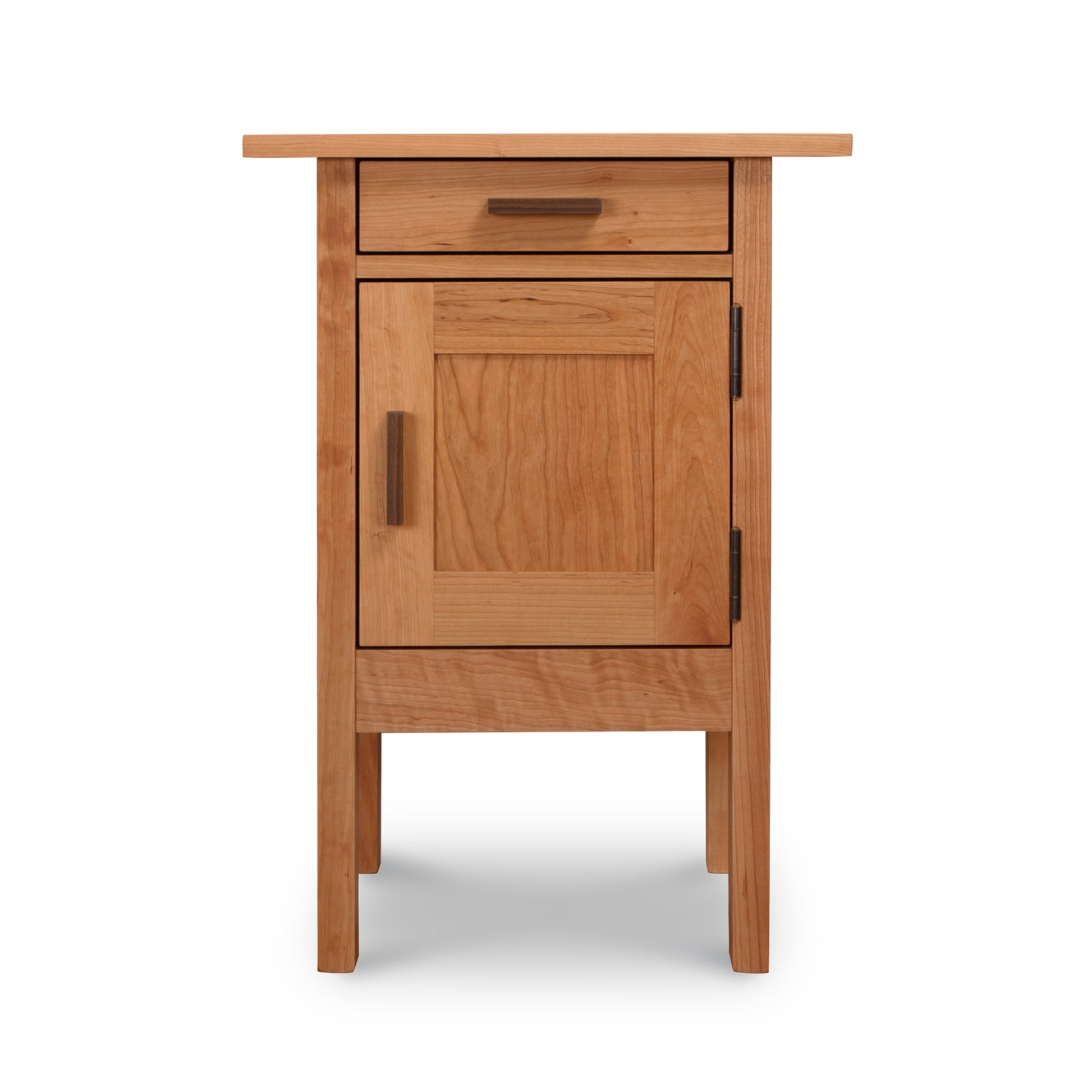 A small wooden Modern Craftsman 1-Drawer Nightstand with Door, crafted in the Vermont Furniture Designs style.