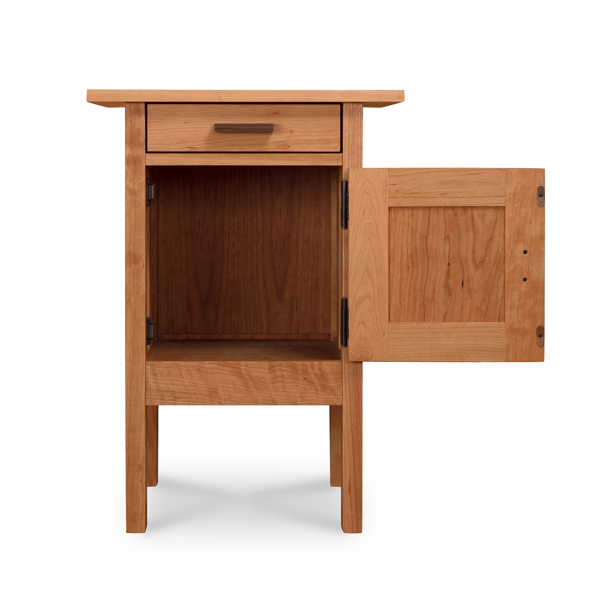 A small wooden Modern Craftsman 1-Drawer Nightstand with Door, crafted by Vermont Furniture Designs.