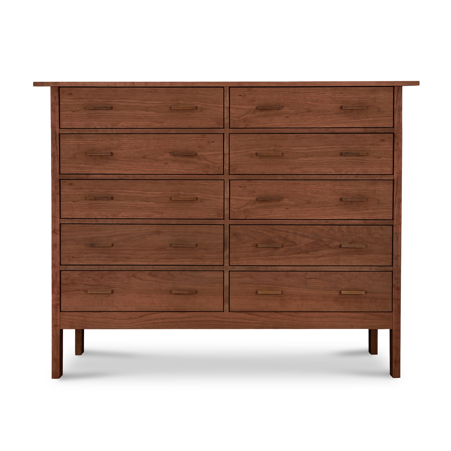 A Vermont Furniture Designs Modern Craftsman 10-Drawer Dresser, crafted from eco-friendly materials, with multiple drawers, isolated on a white background.