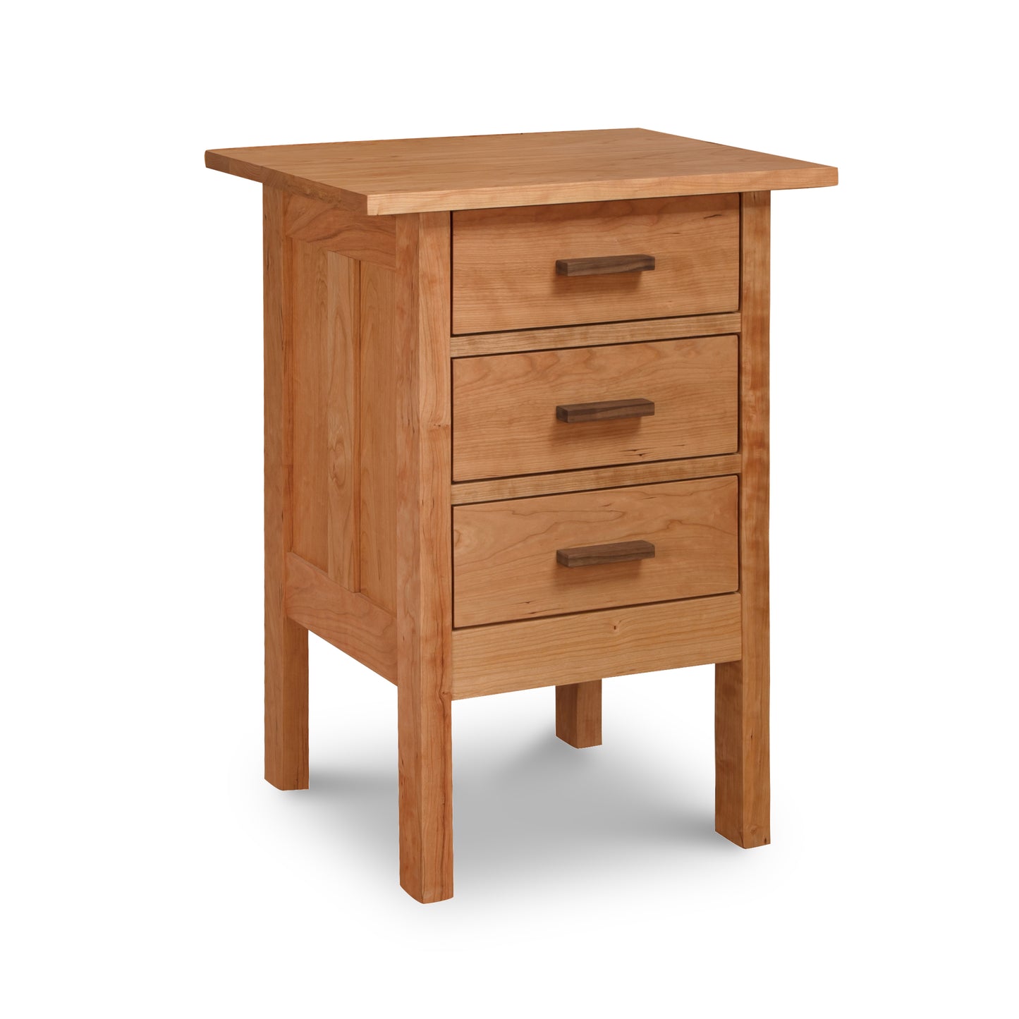 A Vermont Furniture Designs Modern Craftsman 3-Drawer Nightstand, perfect for a contemporary bedroom, featuring three drawers for ample storage.