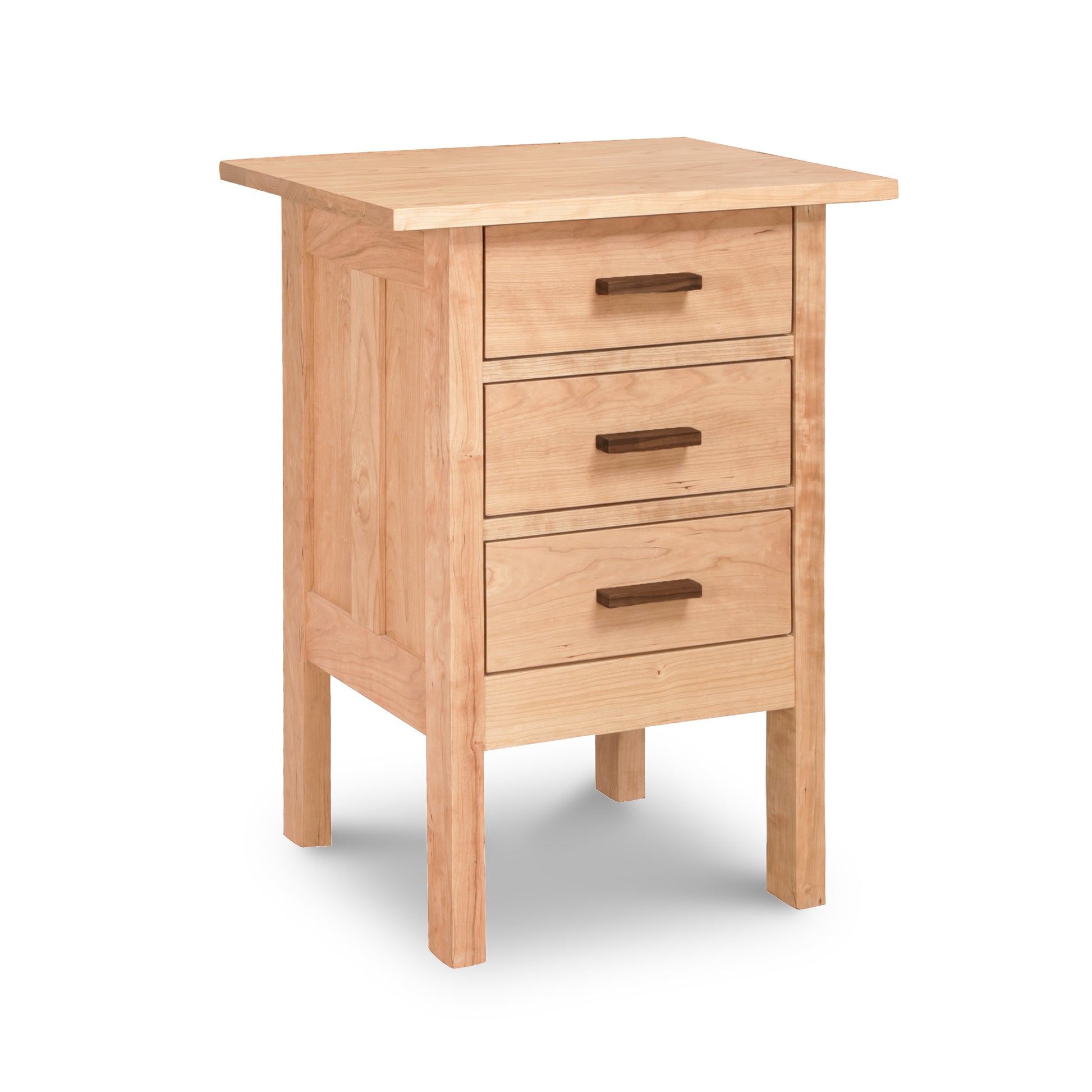 A Vermont Furniture Designs Modern Craftsman 3-Drawer Nightstand on a white background.