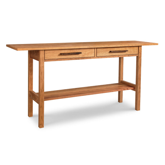 Modern Craftsman 2-Drawer Console Table from Vermont Furniture Designs, handcrafted from sustainably sourced North American hardwoods, with two drawers and a lower shelf, isolated on a white background.