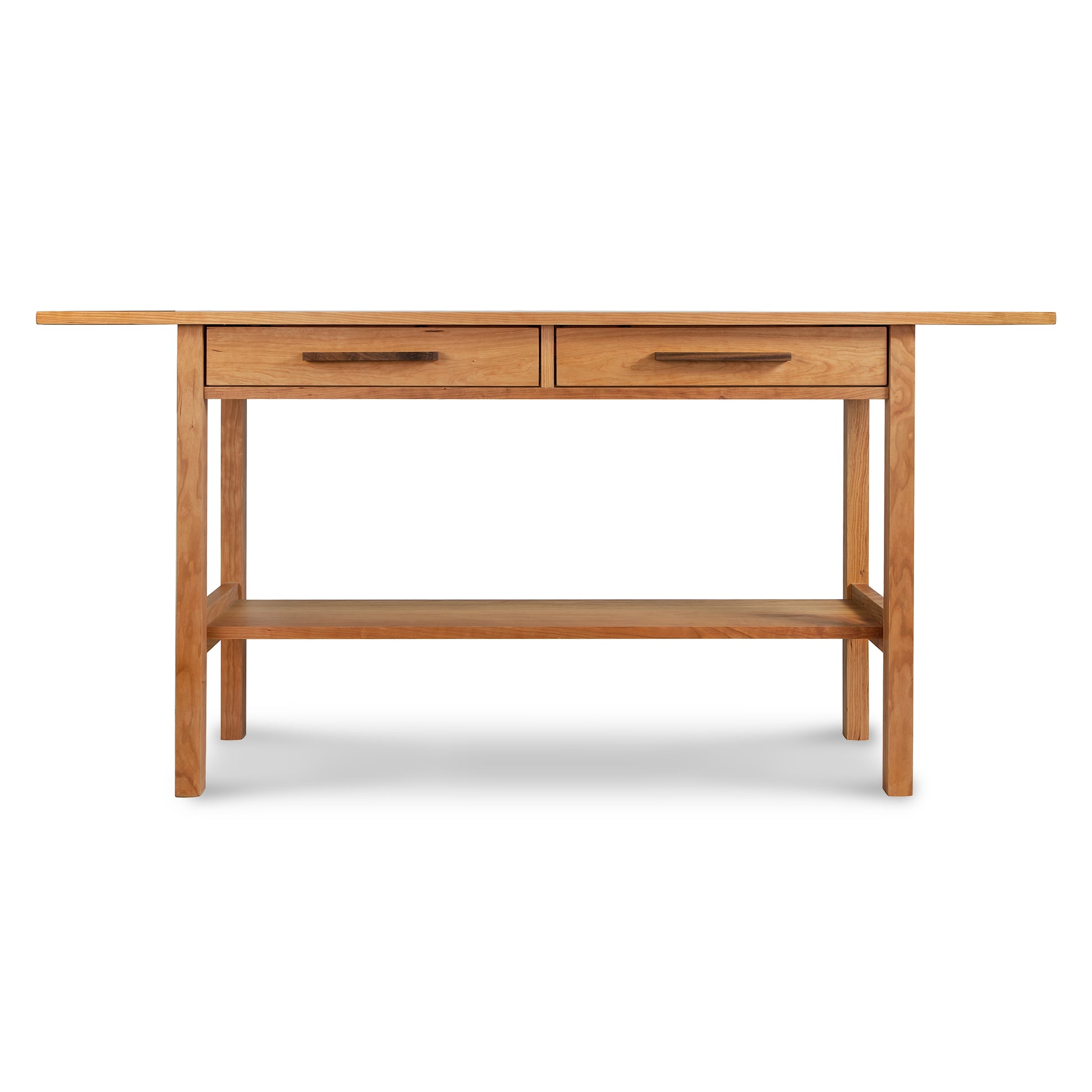 A Vermont Furniture Designs Modern Craftsman 2-Drawer Console Table with solid wood construction featuring two drawers and a shelf.