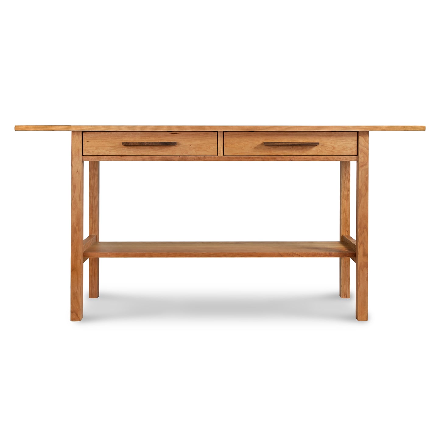 A handcrafted Modern Craftsman 2-Drawer Console Table, made from sustainably sourced North American hardwoods by Vermont Furniture Designs, with two drawers and a lower shelf, isolated on a white background.