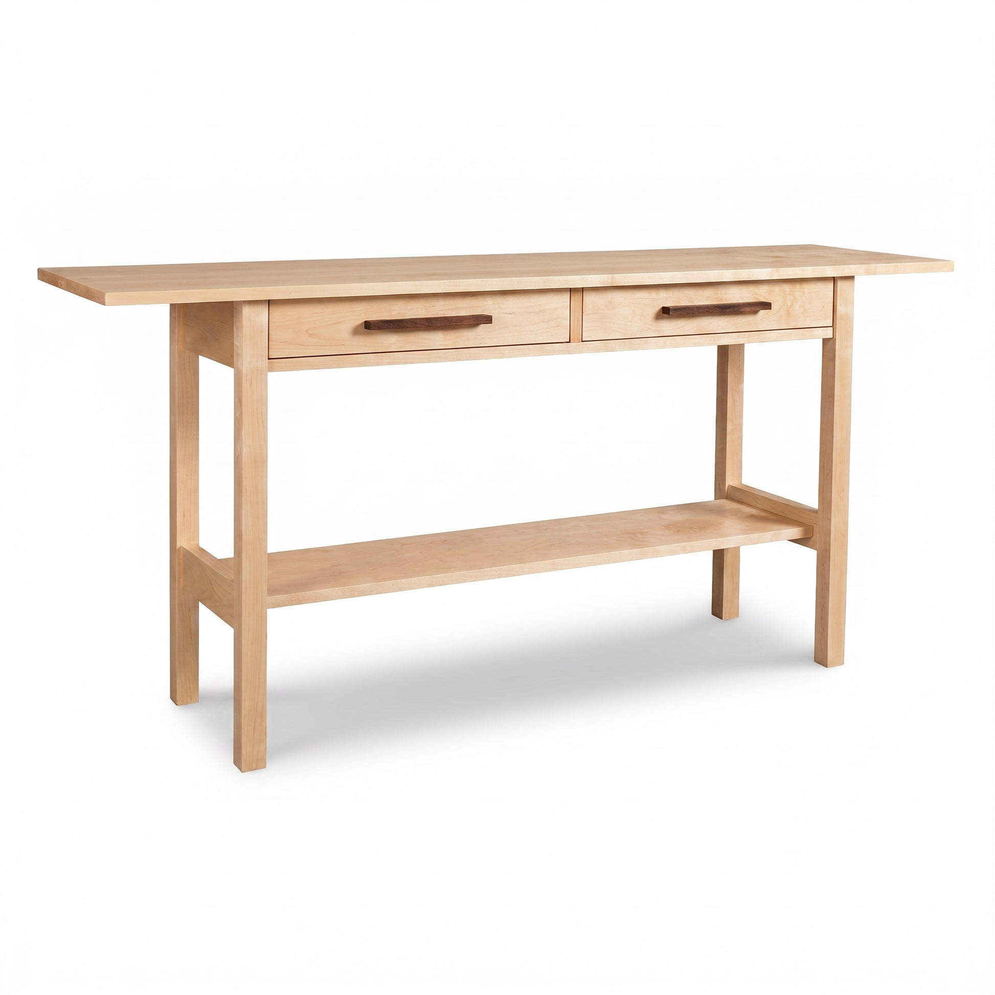 Modern Craftsman 2-Drawer Console Table by Vermont Furniture Designs in solid wood with long handles and open lower shelf, American made craftsmanship.