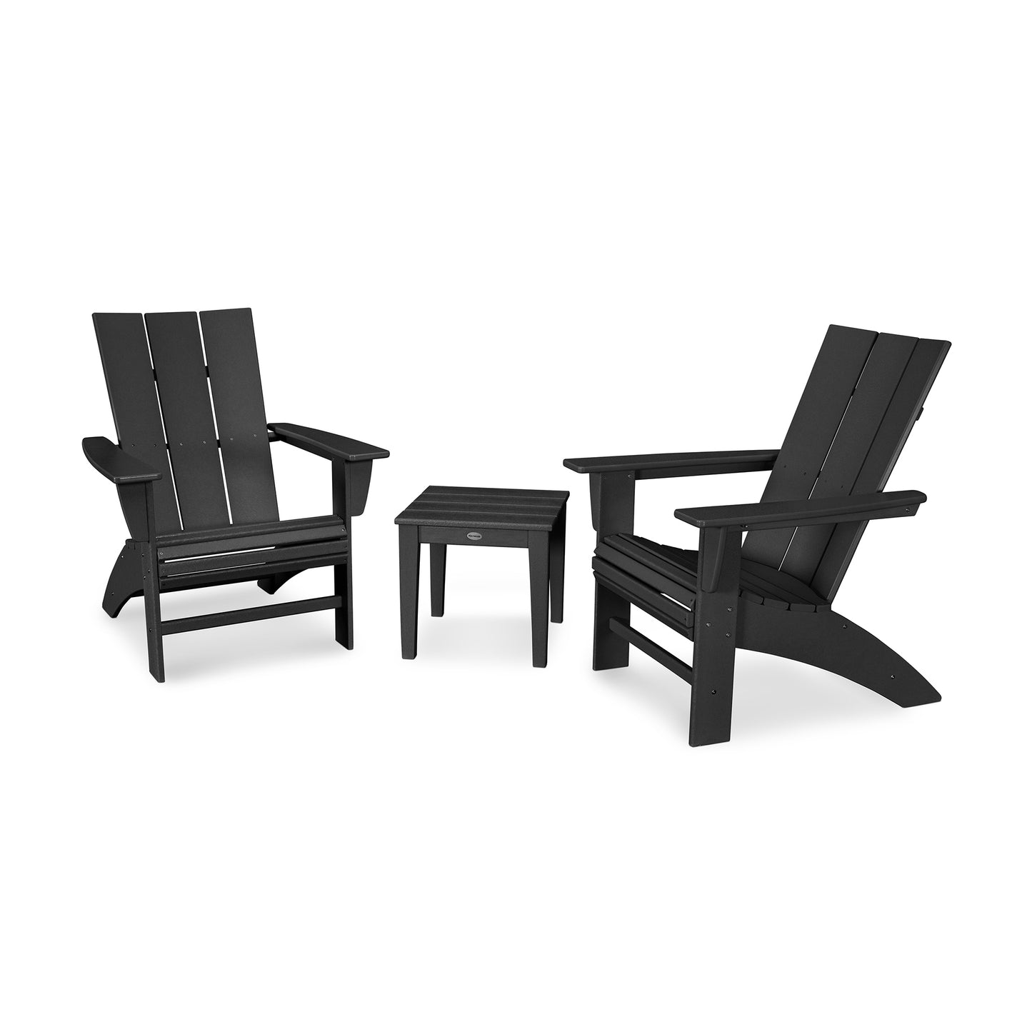 Two black POLYWOOD Modern Curveback Adirondack chairs and a small matching side table arranged on a white background. The chairs face slightly towards each other, suggesting a conversational setting.