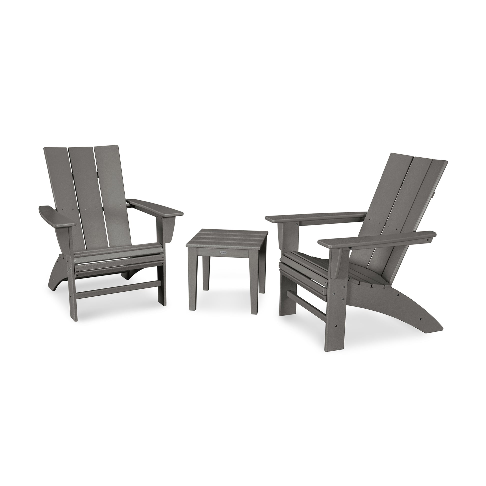 Two gray POLYWOOD Modern Curveback Adirondack chairs and a small matching side table on a white background. The chairs, crafted from POLYWOOD® lumber, feature a classic slatted design and are angled slightly towards.
