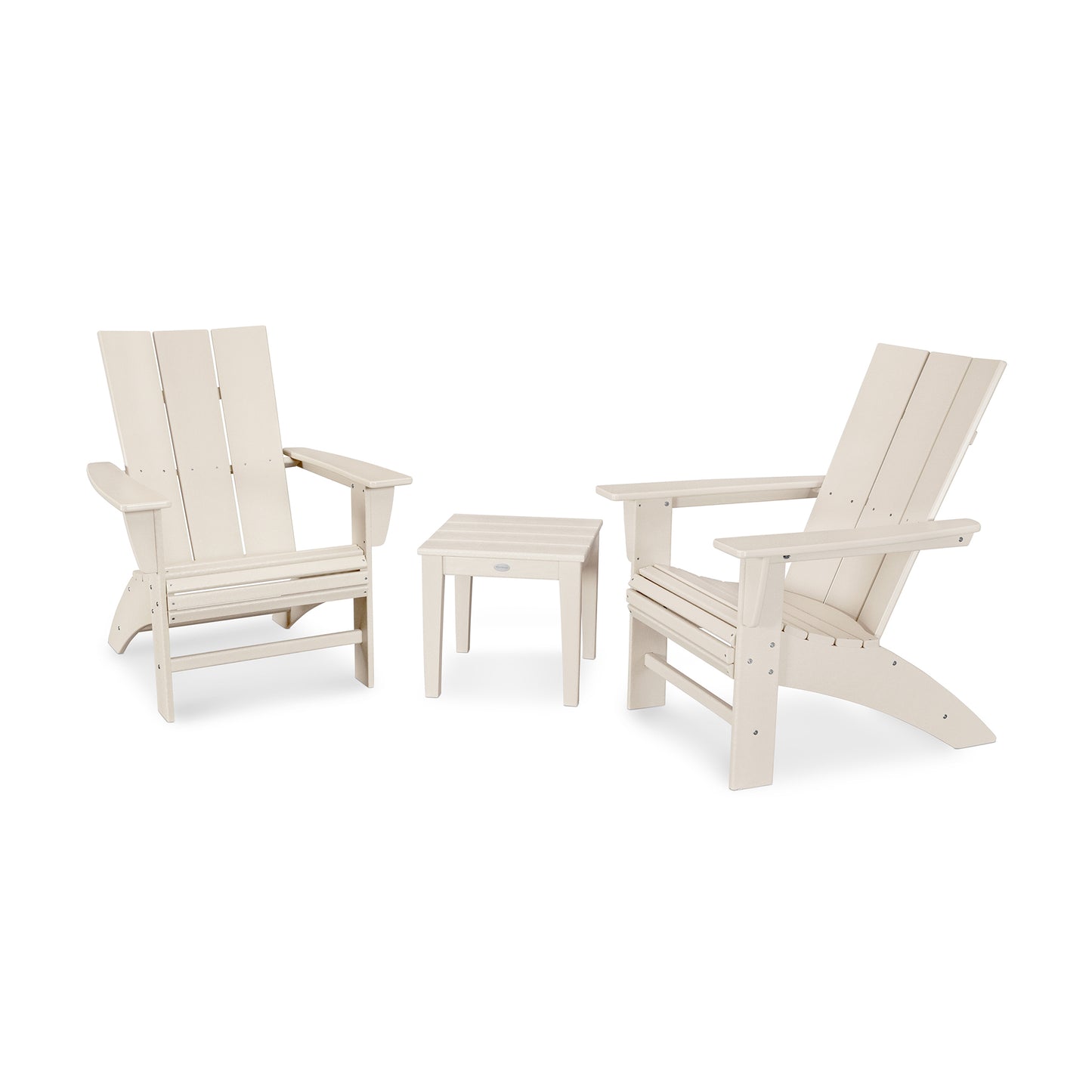 Two white POLYWOOD Modern Curveback Adirondack 3-Piece Set chairs facing each other with a small matching table in between, set against a plain white background.