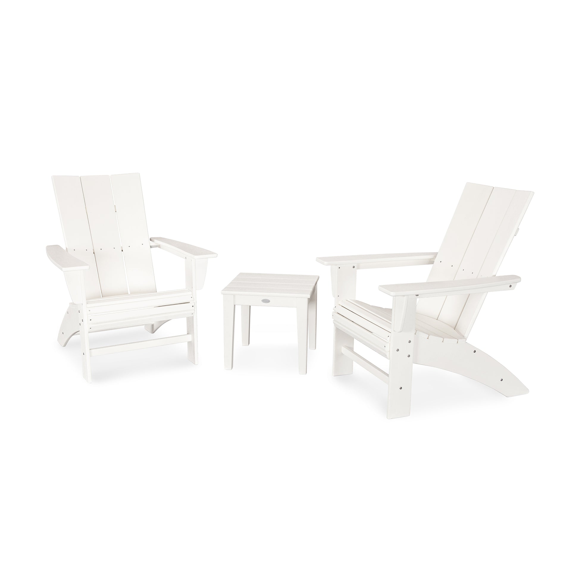 Two white POLYWOOD Modern Curveback Adirondack 3-Piece Set chairs with a small matching side table between them, set against a plain white background. The furniture is crafted from POLYWOOD lumber.