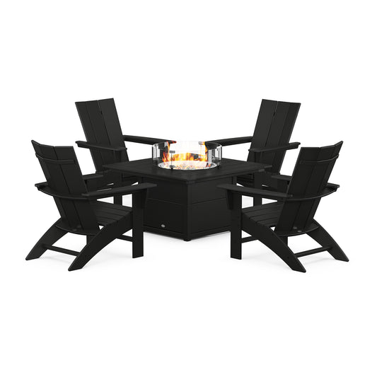 A modern outdoor seating arrangement featuring four black POLYWOOD Modern Curveback Adirondack Chairs positioned around a square POLYWOOD fire pit table with visible flames, set against a white background.