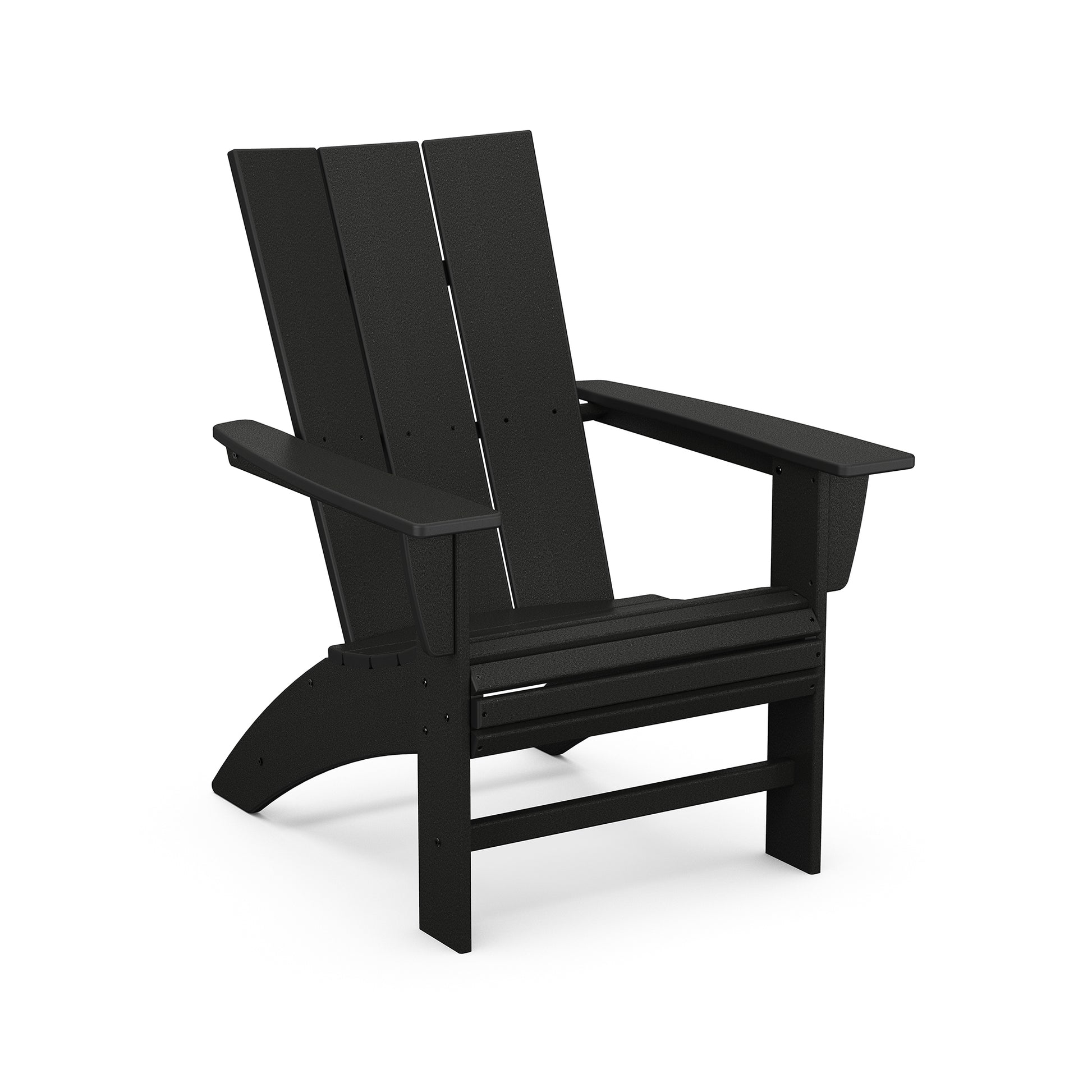 A black outdoor POLYWOOD Modern Curveback Adirondack Chair made of POLYWOOD lumber with broad flat arms and a slanted back, shown against a plain white background.