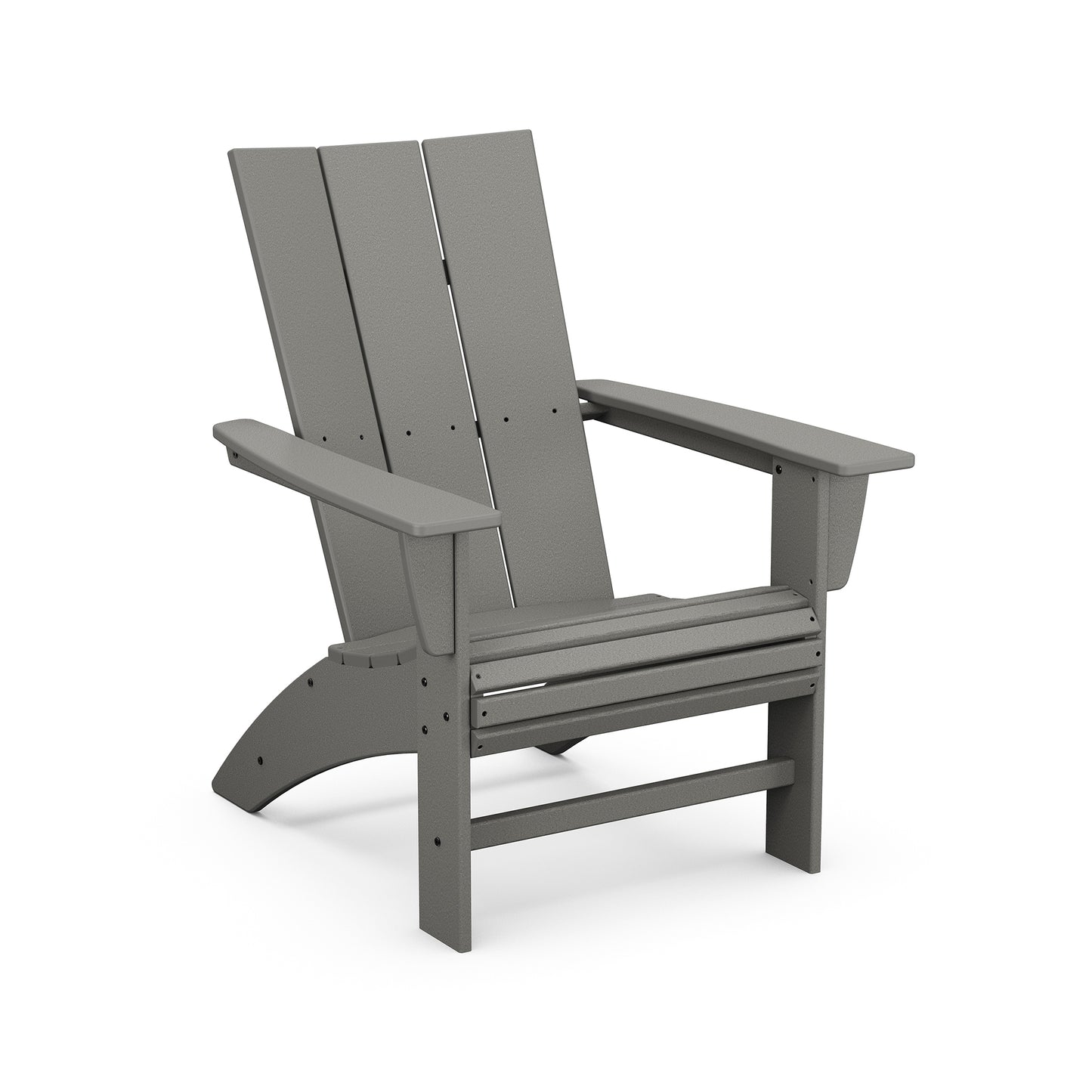 A modern grey POLYWOOD Modern Curveback Adirondack chair made of POLYWOOD lumber, featuring broad flat arms and a slatted back, isolated on a white background.
