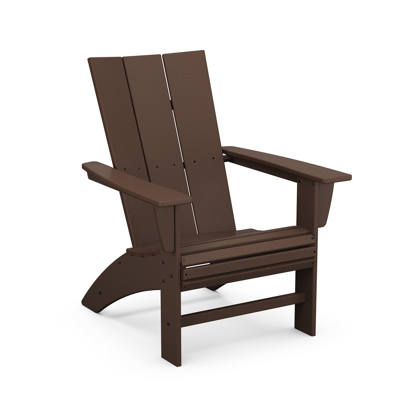 A brown POLYWOOD Modern Curveback Adirondack chair made of synthetic planks, featuring a slanted back and wide armrests, displayed on a plain white background.