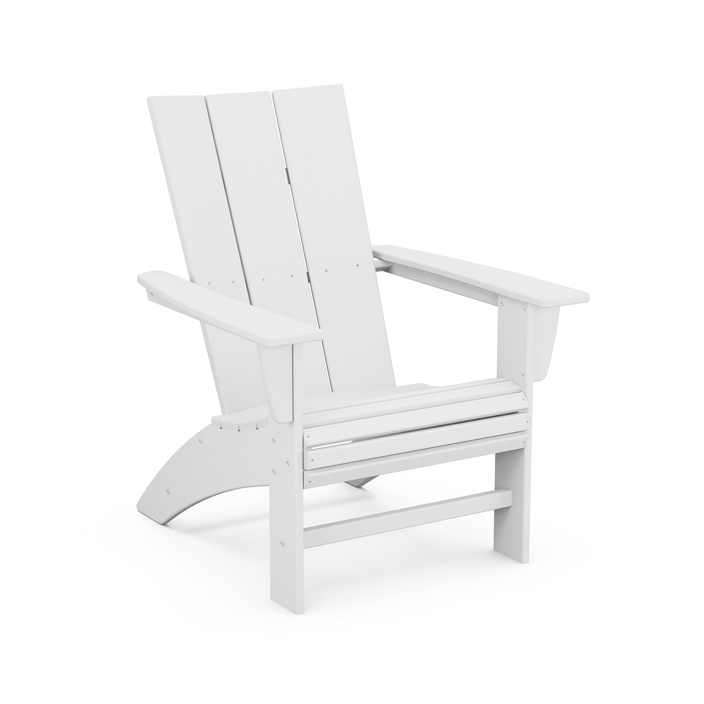 A white POLYWOOD Modern Curveback Adirondack chair featuring a tall back, wide armrests, and a slanted seat, isolated on a white background.