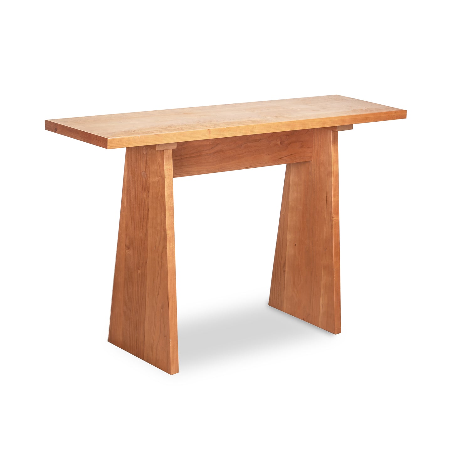 Modern Designer Sofa Table by Lyndon Furniture with a rectangular top and two slanted legs, handcrafted in Vermont from solid wood, American made quality.