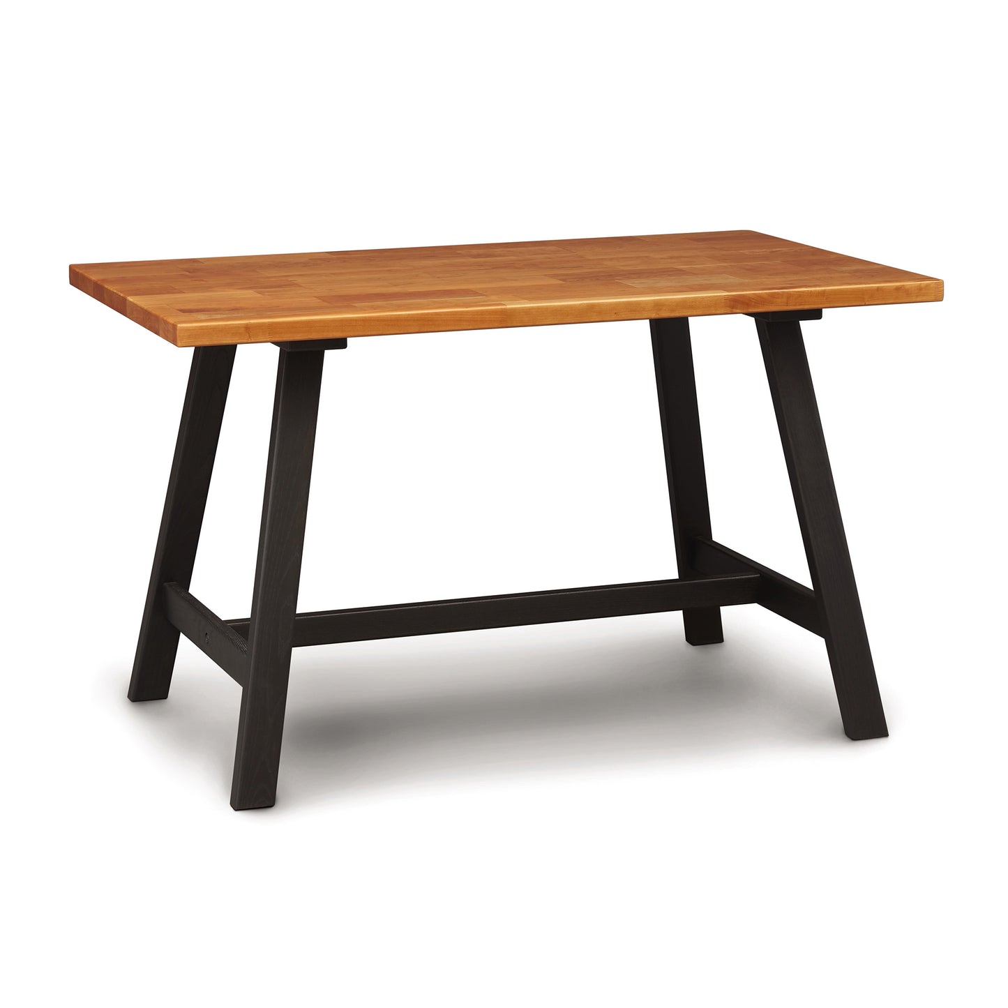 A Copeland Furniture Modern Farmhouse Counter Height Farm Table with black legs and a wooden top.