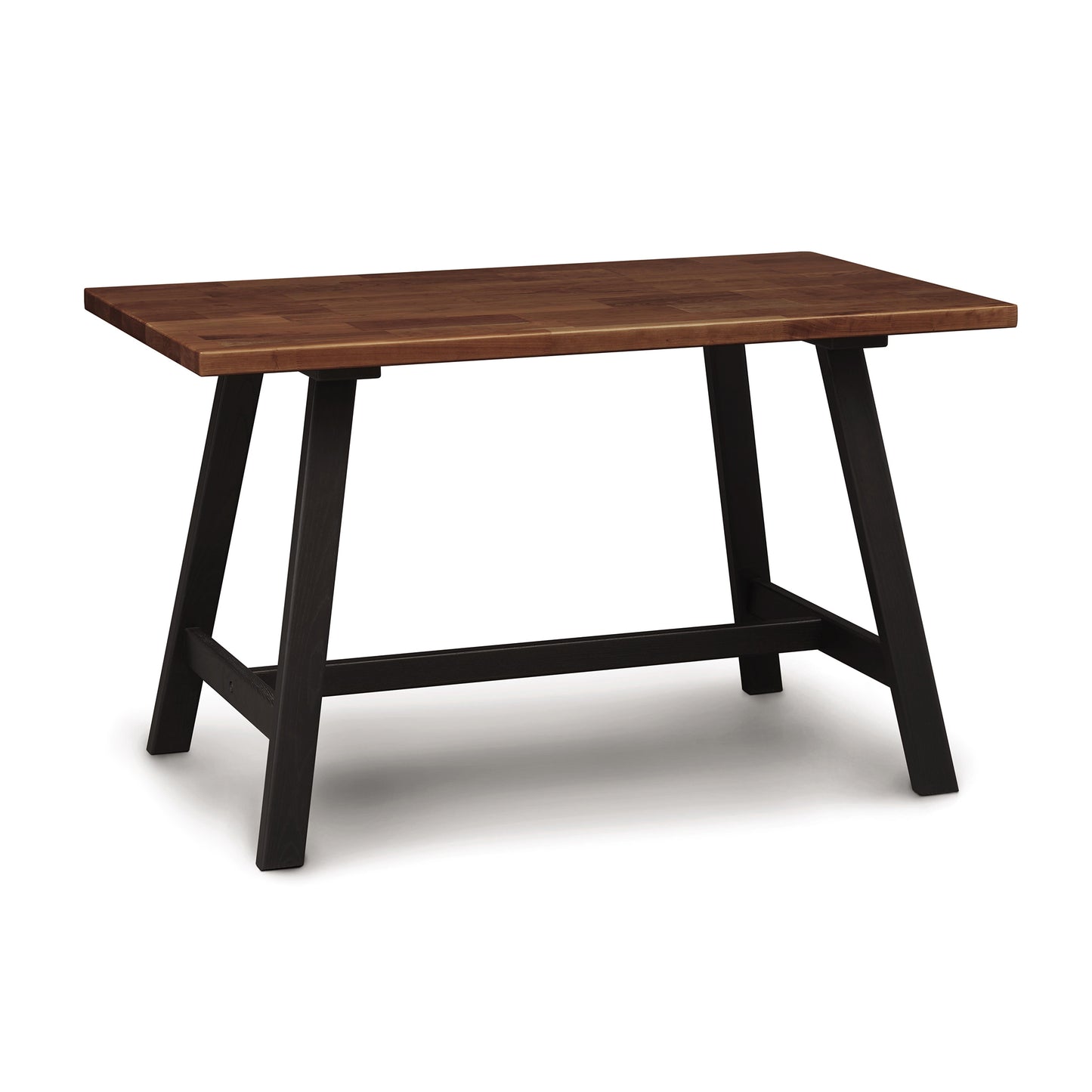 The Copeland Furniture Modern Farmhouse Counter Height Farm Table features a sleek design with black legs and a hardwood top.