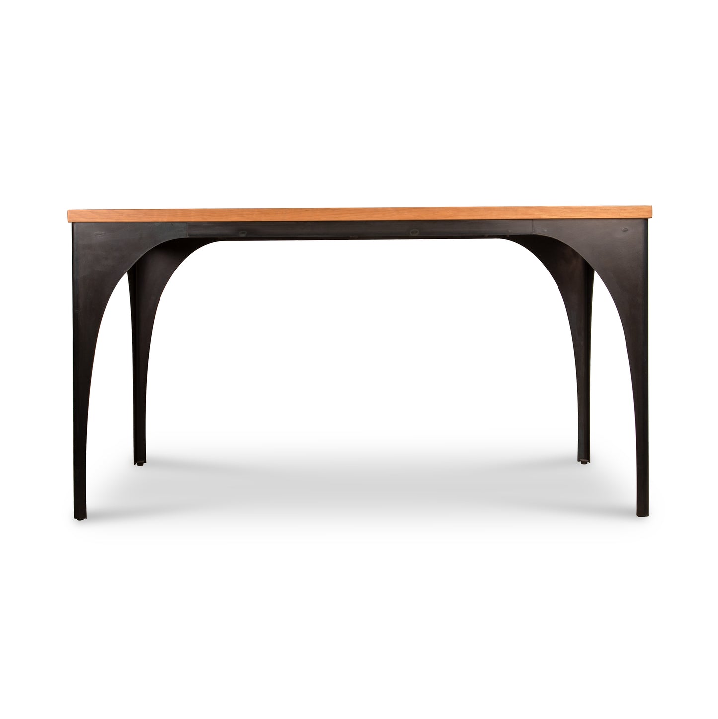 Modern Industrial Arched Table from Vermont Woods Studios with black metal legs and a hardwood top, expertly crafted in the USA.