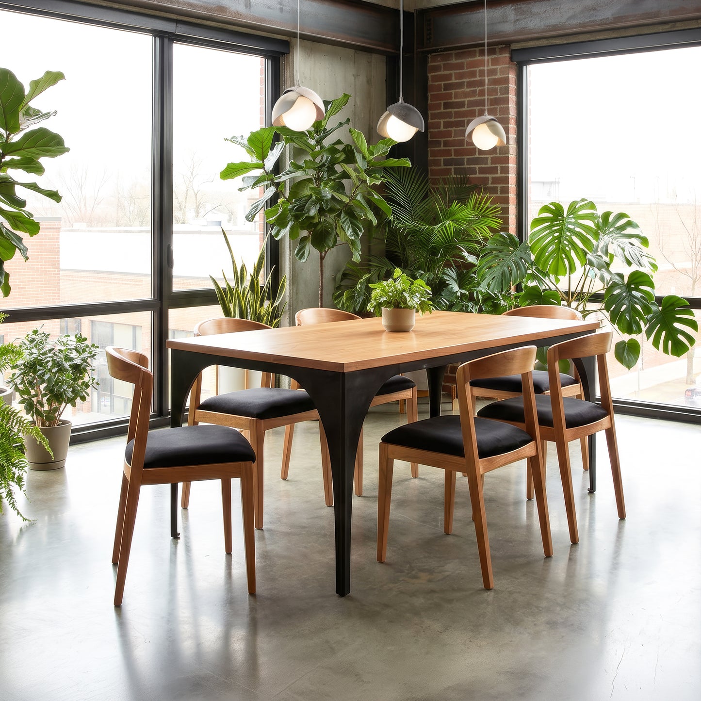 Modern Industrial Arched Table with six chairs by Vermont Woods Studios, expertly crafted, featuring clean lines and quality American craftsmanship.