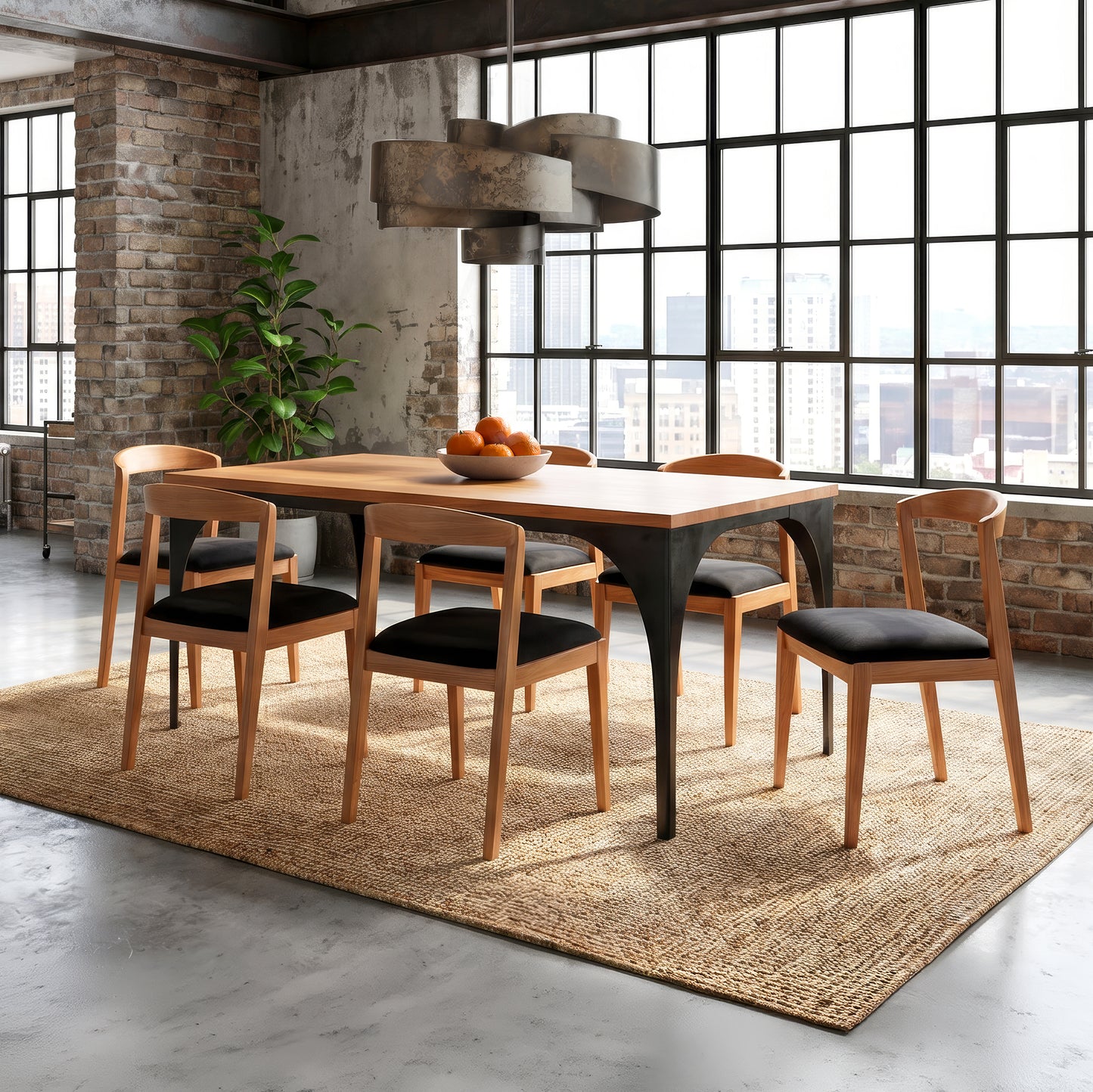 Vermont Woods Studios Modern Industrial Arched Table with six matching chairs, showcasing high quality, American made dining furniture.