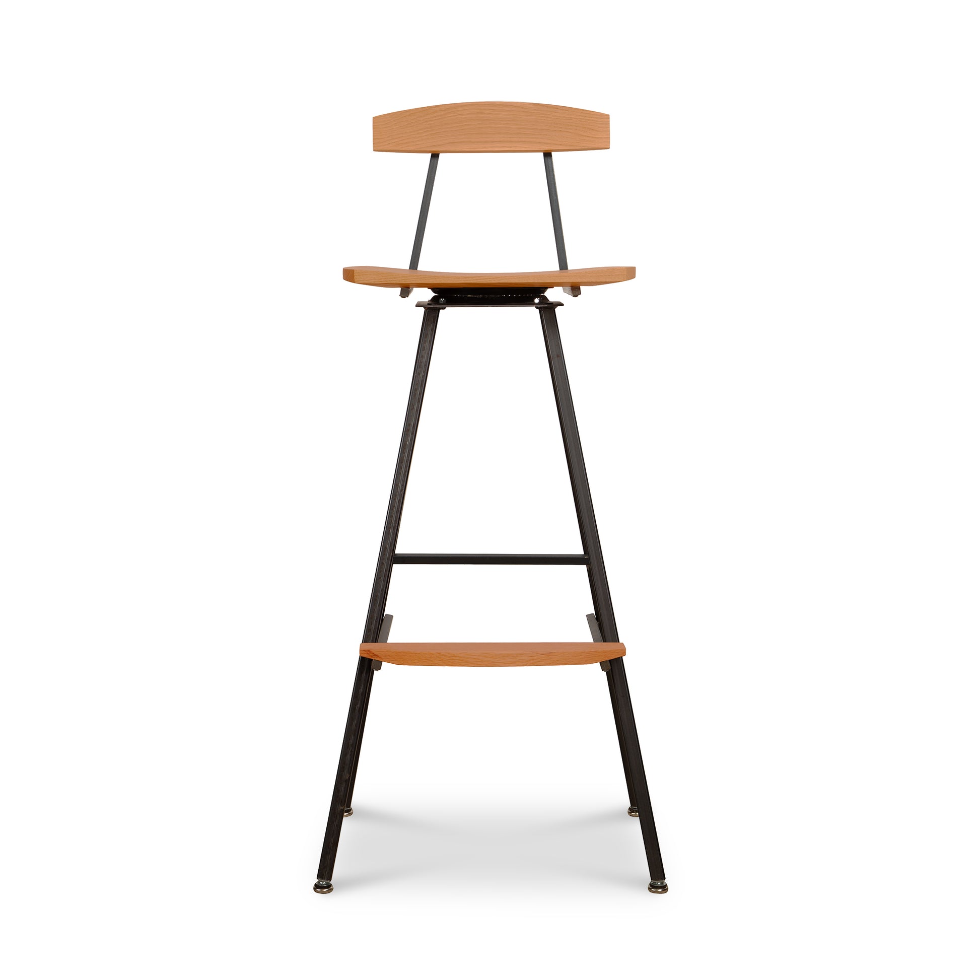 Modern Industrial Stool with Back featuring a handcrafted wood seat and backrest on a sturdy black metal frame.
