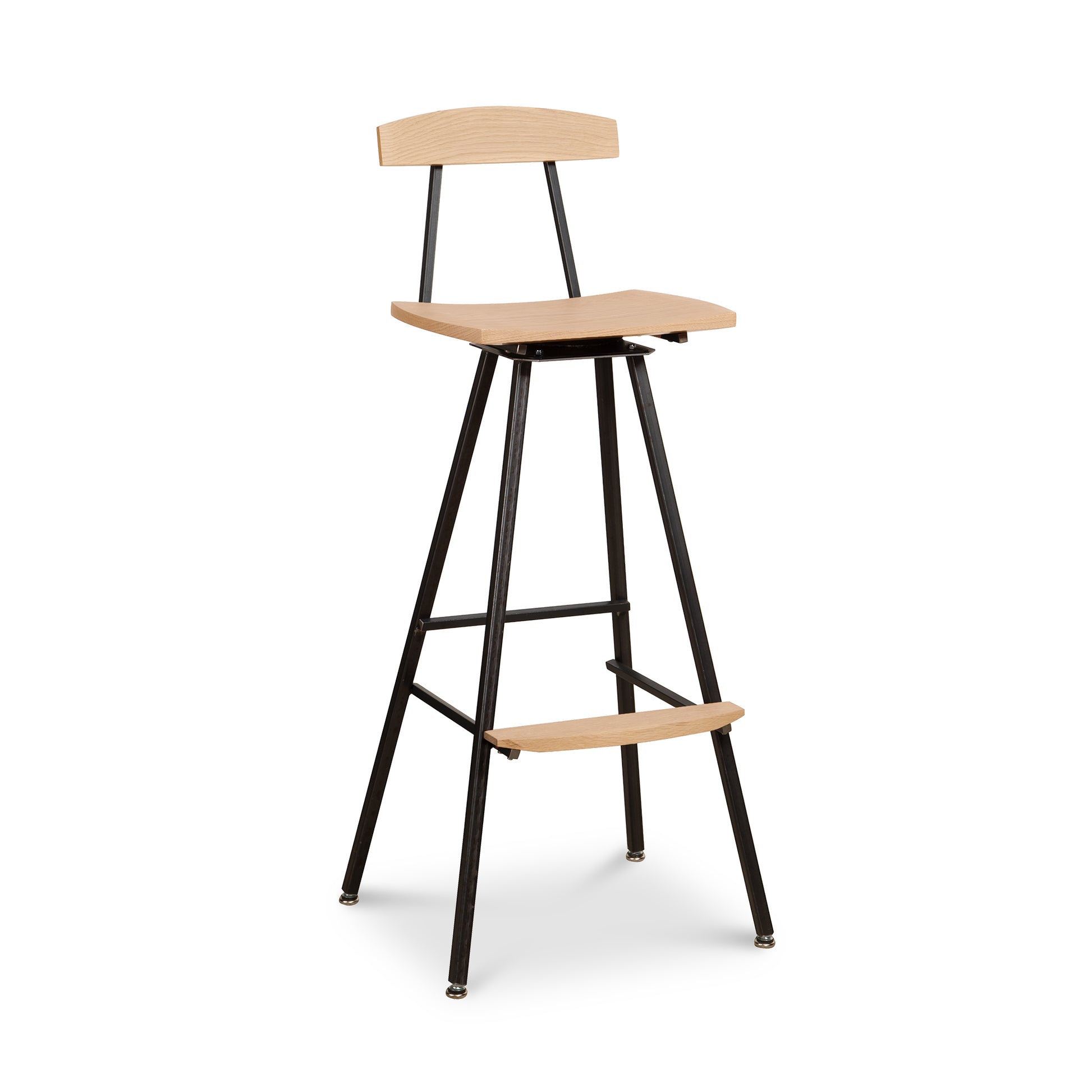 Modern Industrial Stool with Back showcasing a handcrafted wooden seat and sturdy black metal legs in a minimalist industrial style.
