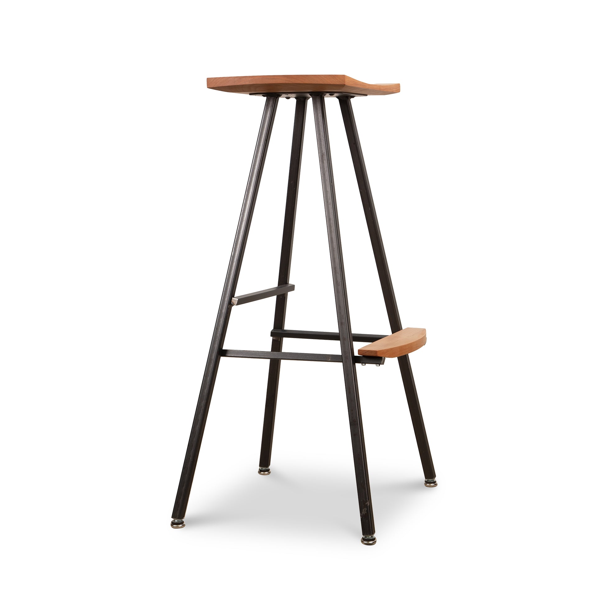 Modern Industrial Stool featuring a handcrafted wood seat and footrest on a sleek black metal frame, highlighting quality American craftsmanship.