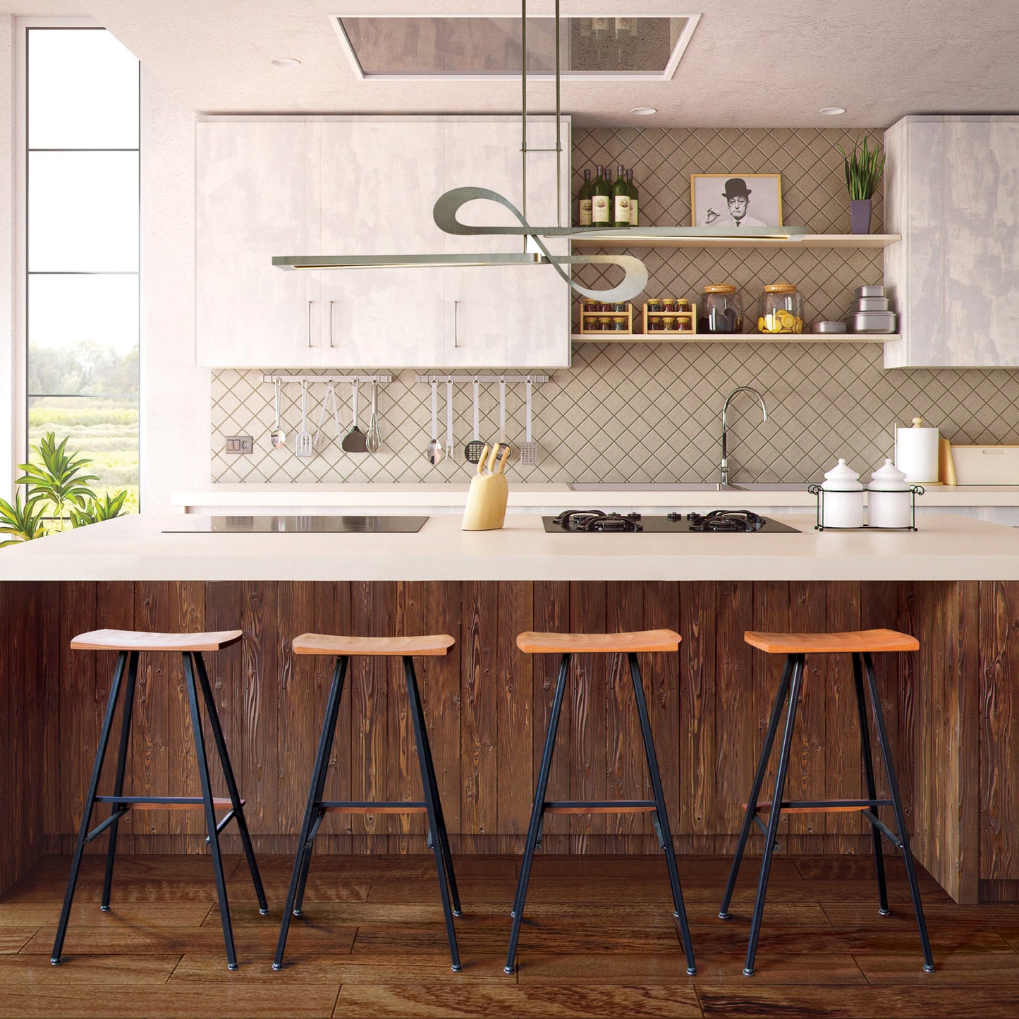Set of Vermont Woods Studios Modern Industrial Stools with wooden seats and metal frames positioned around a kitchen island.
