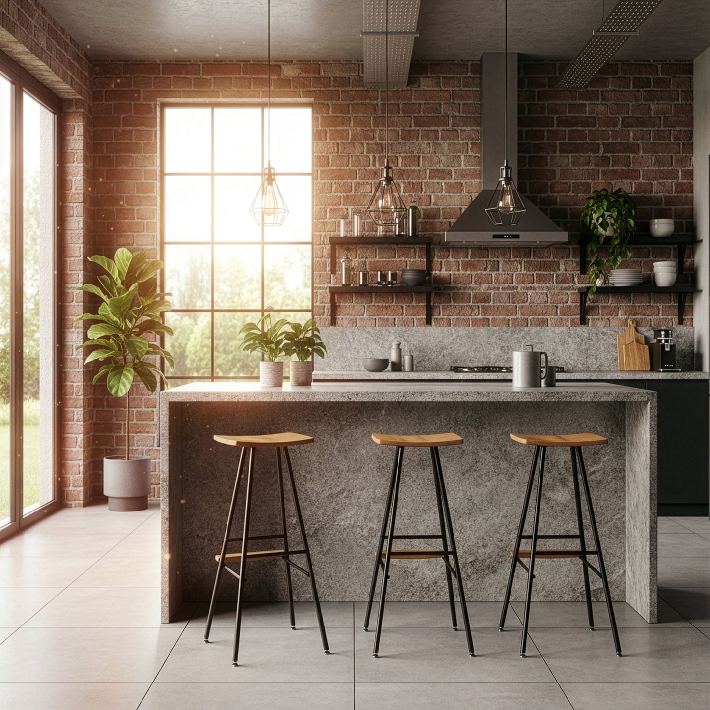 Vermont Woods Studios Modern Industrial Stools at a gray kitchen island, showcasing handcrafted, American made seating in a contemporary space.
