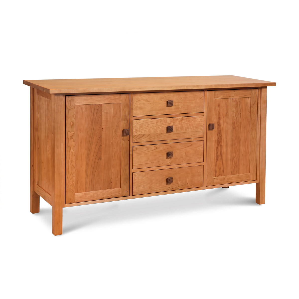 Lyndon Furniture Modern Mission Sideboard floor model with four drawers, two cabinets, and square handles crafted in American-made hardwood.