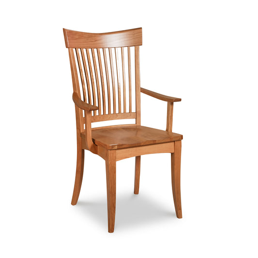 A wooden chair with a slatted back.