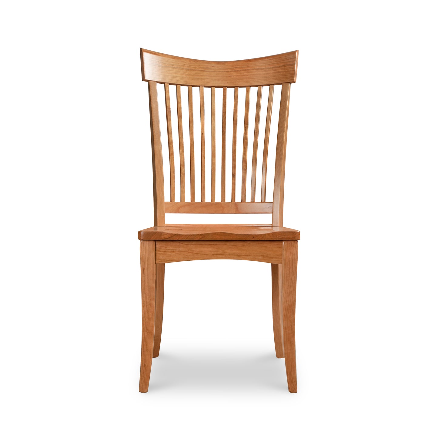 A wooden dining chair on a white background.