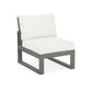 A modern outdoor POLYWOOD Modular Armless Chair with a gray aluminum frame and white cushions, presented against a plain white background.
