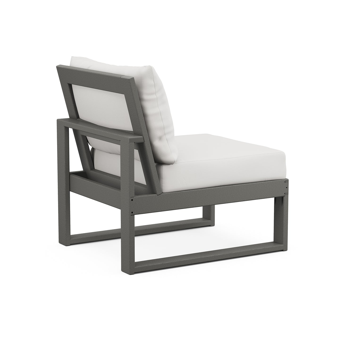 A modern POLYWOOD® Modular Armless Chair with a gray aluminum frame and white cushions, featuring a high back and a minimalist, sleek design, isolated on a white background.