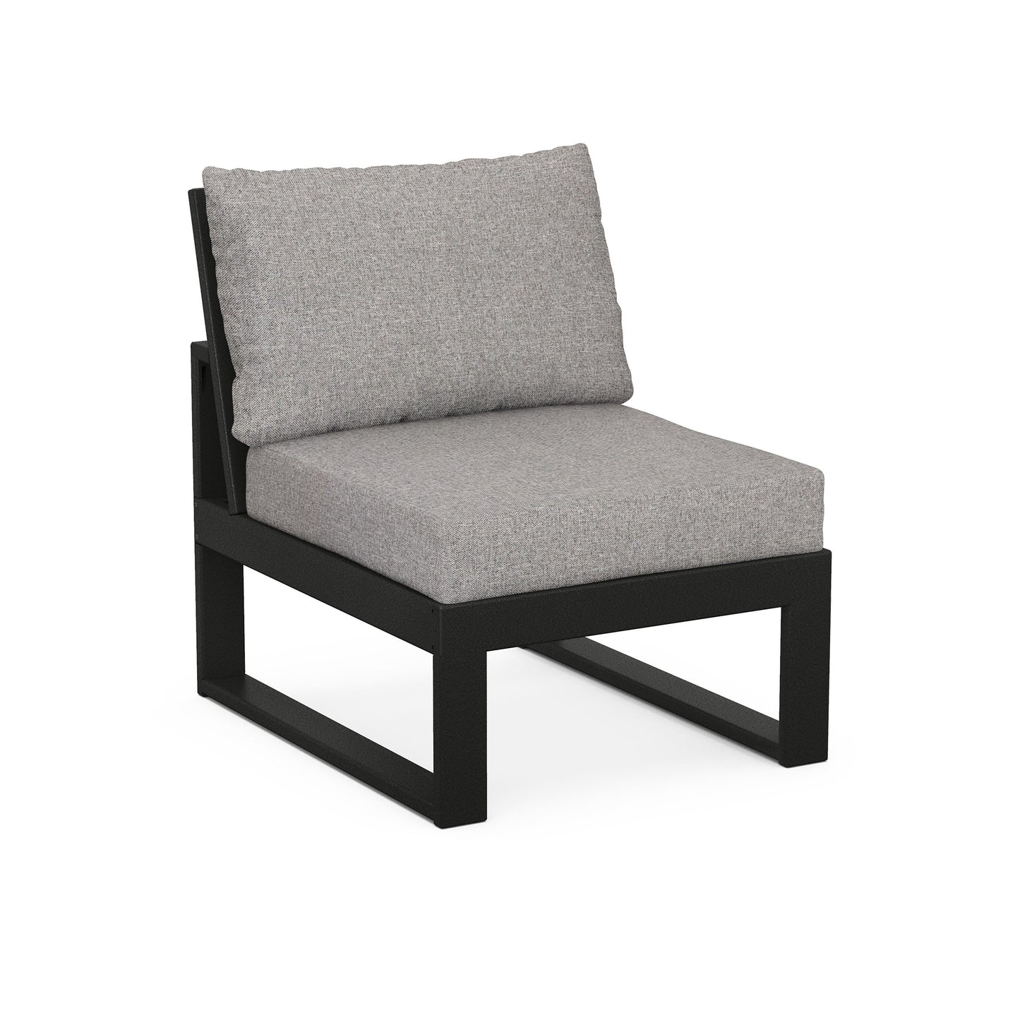 A modern outdoor lounge chair with a black frame and light gray cushions, branded as a POLYWOOD Modular Armless Chair, isolated on a white background.