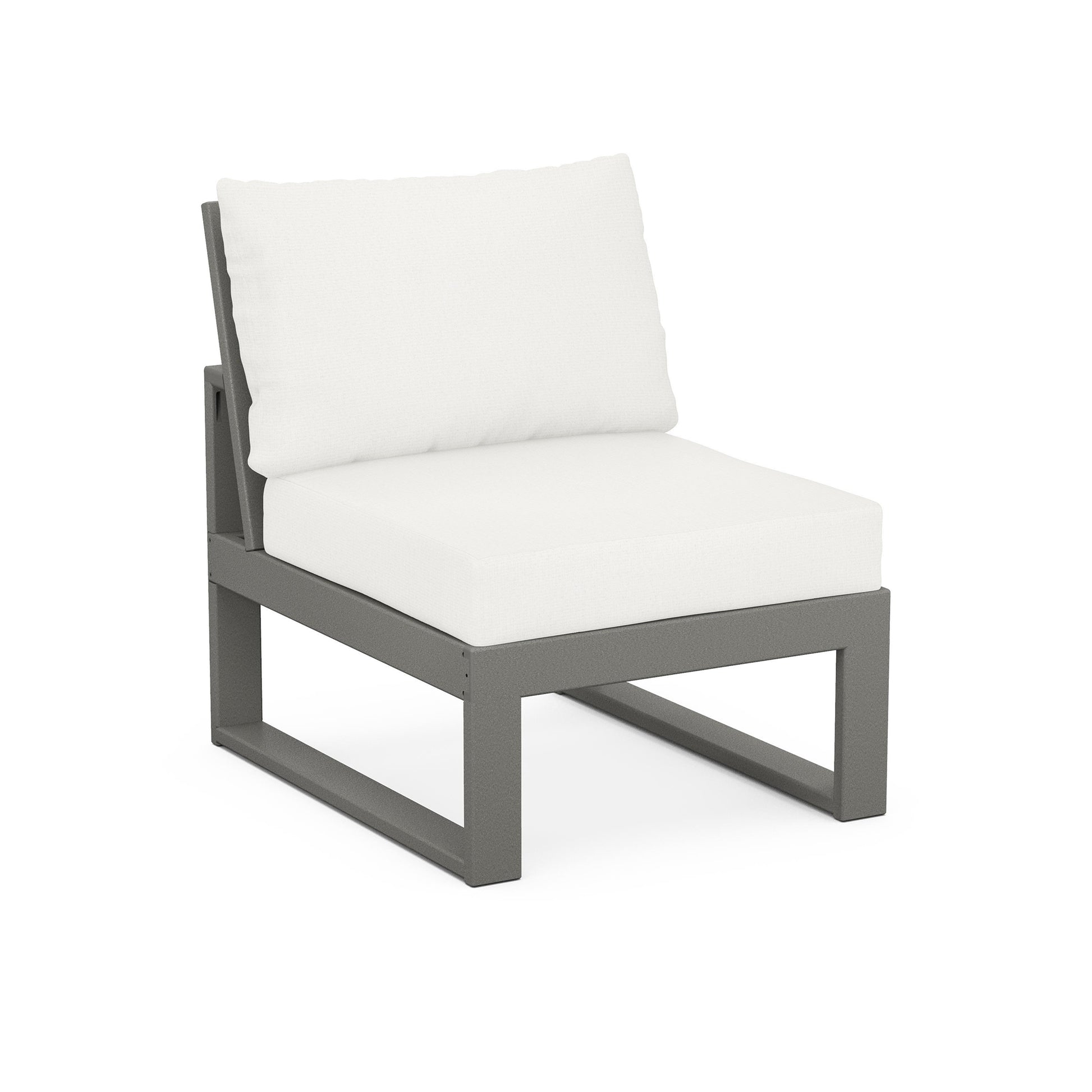 A modern POLYWOOD® Modular Armless Chair with a gray frame and thick, white cushions. The chair is set against a plain, light background, highlighting its sleek and simple design.