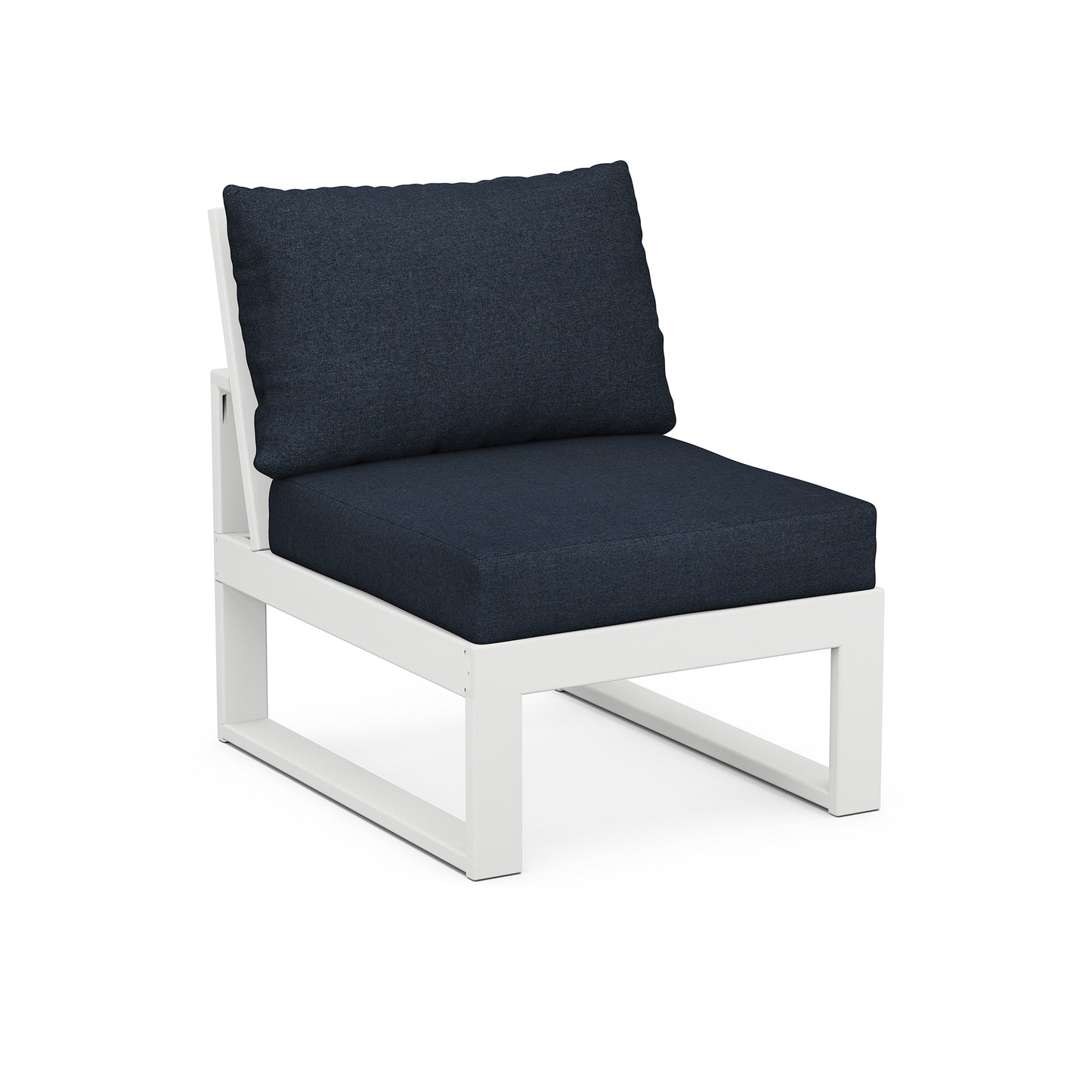 A modern white frame single-seat POLYWOOD® Modular Armless Chair outdoor lounge chair with dark blue cushions, isolated on a white background.