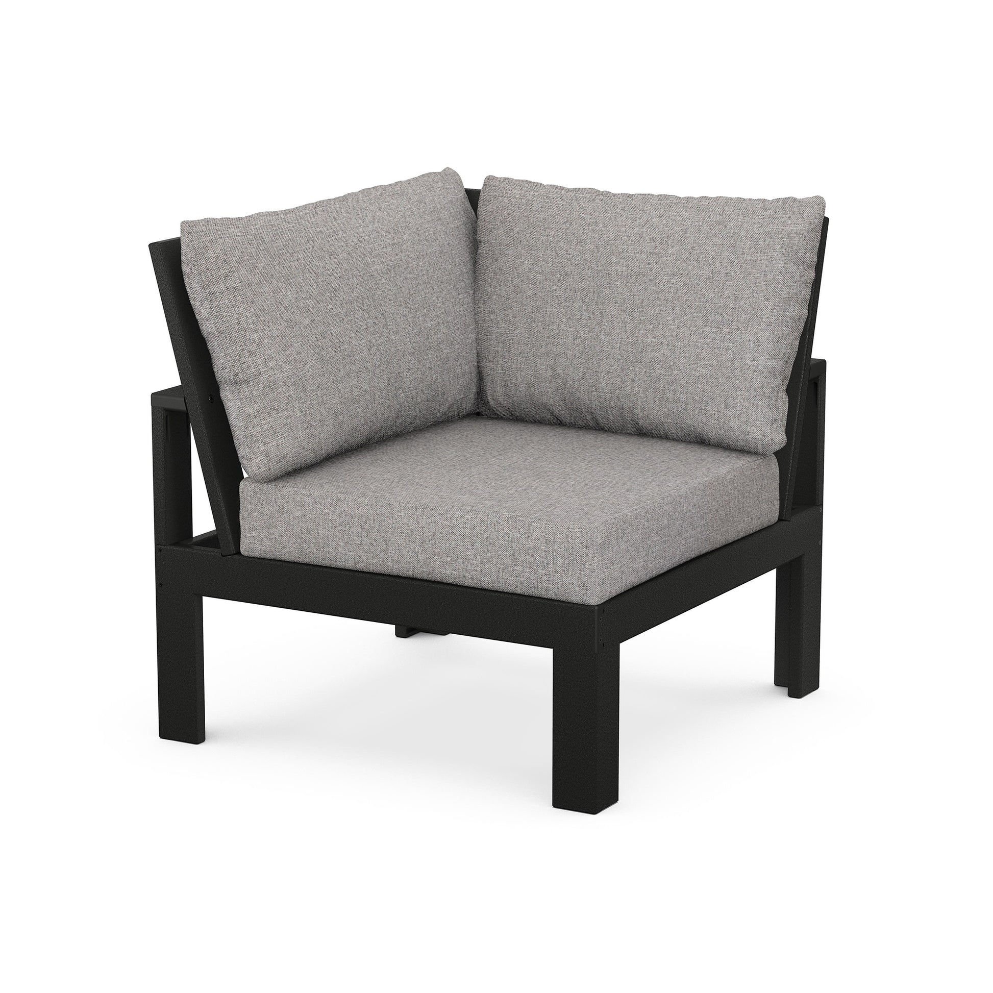 A modern POLYWOOD Modular Corner Chair with a black metal frame and light gray cushions, viewed against a white background.