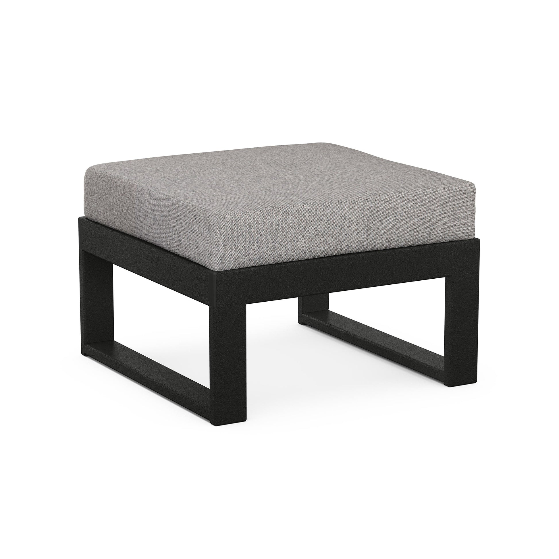 A modern ottoman from the POLYWOOD Modular Ottoman with a light gray cushion on a sleek black metal frame, isolated on a white background.