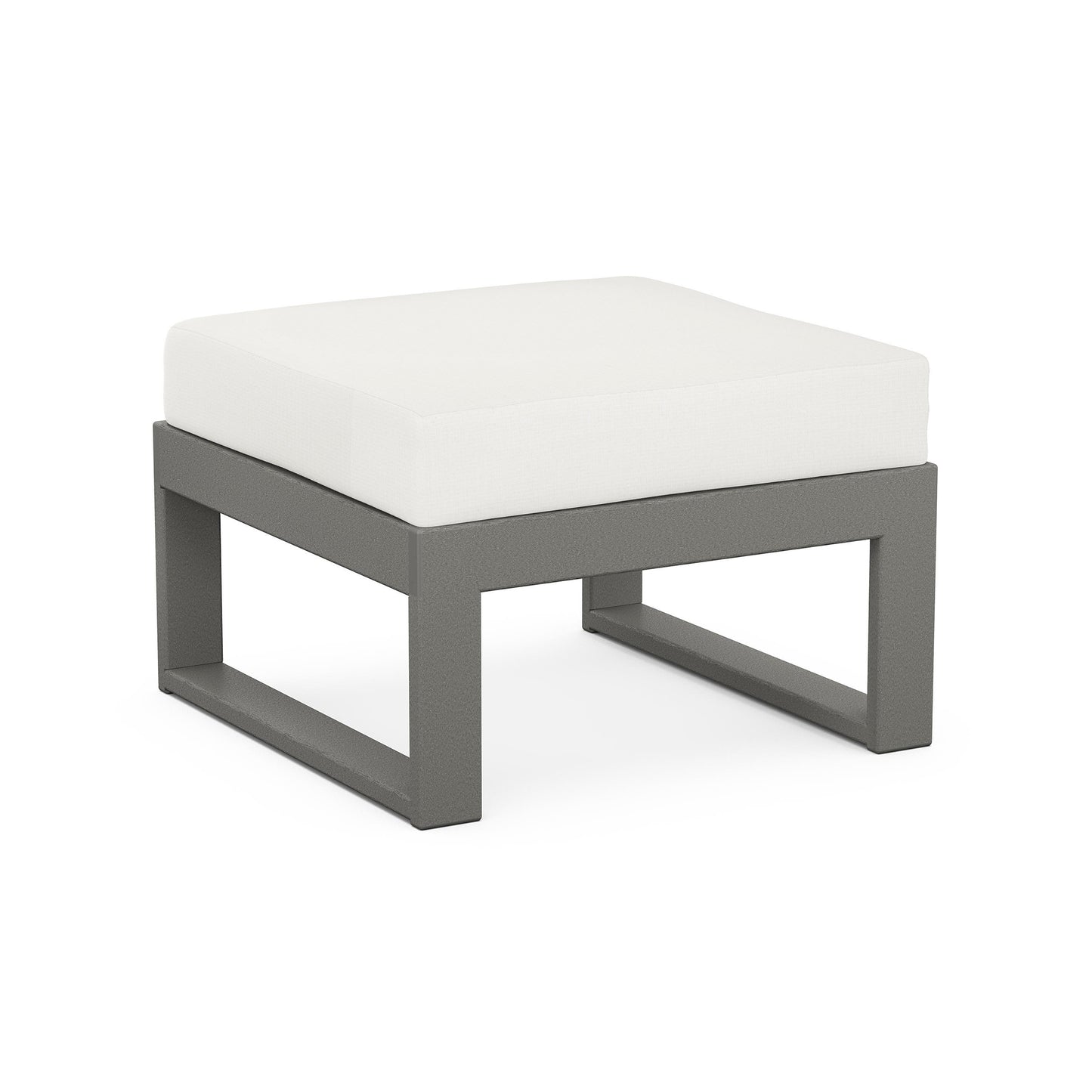 A modern ottoman from the POLYWOOD® Modular Ottoman collection, featuring a gray metal frame and a square white cushion, presented against an isolated white background.