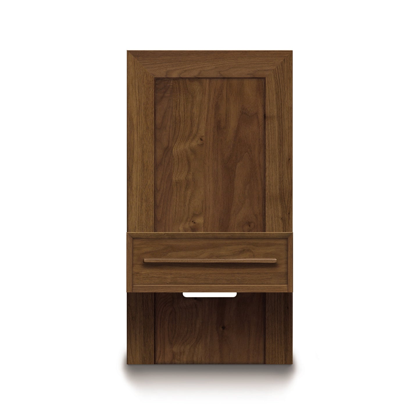 Wooden cabinet with one drawer and a closed door from the Copeland Furniture Moduluxe Attached Nightstand with Drawer - 35" Series, isolated on a white background.