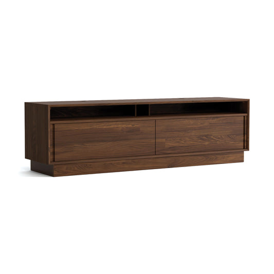 Moduluxe Media Cabinet by Copeland Furniture in hardwood with two open shelves and drawers, showcasing a modern, mid-century inspired design.
