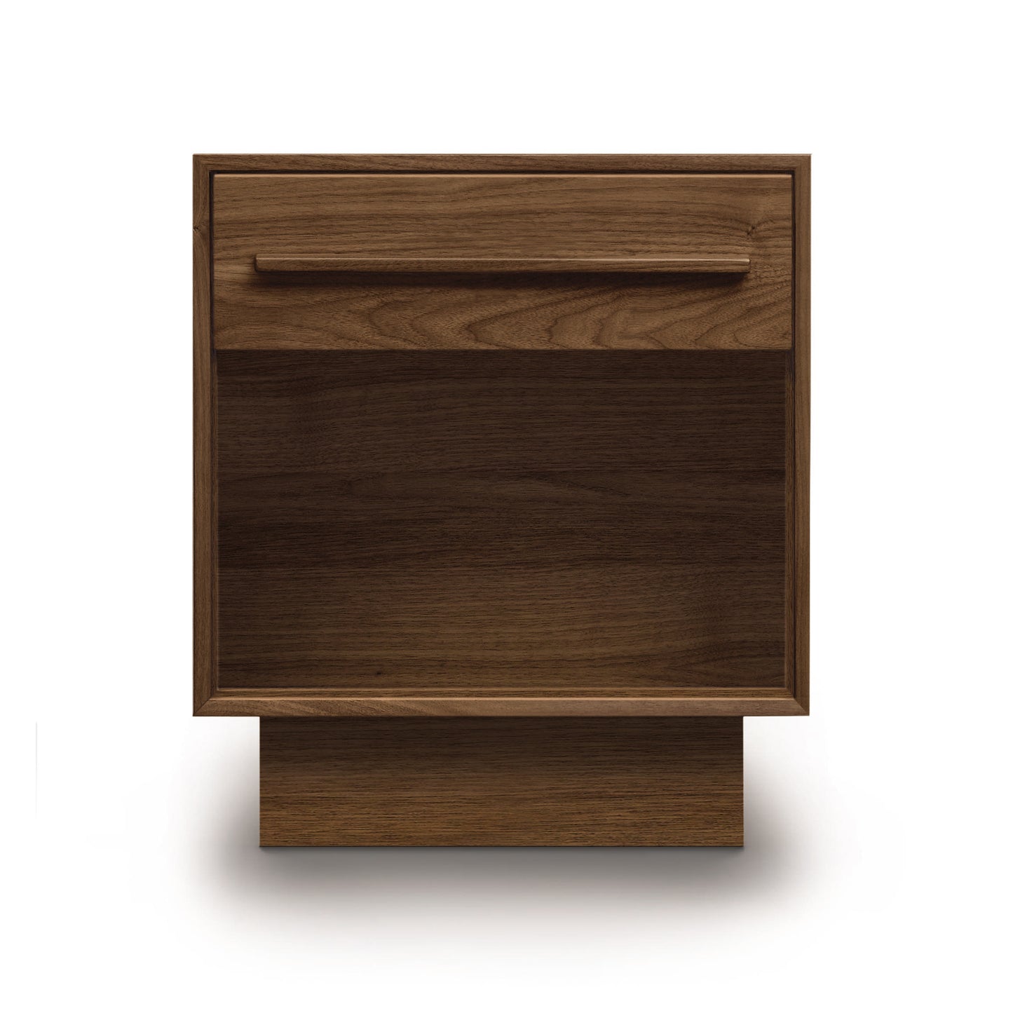A Copeland Furniture Moduluxe 1-Drawer Enclosed Shelf Nightstand, made of wood, featuring a single drawer on top.