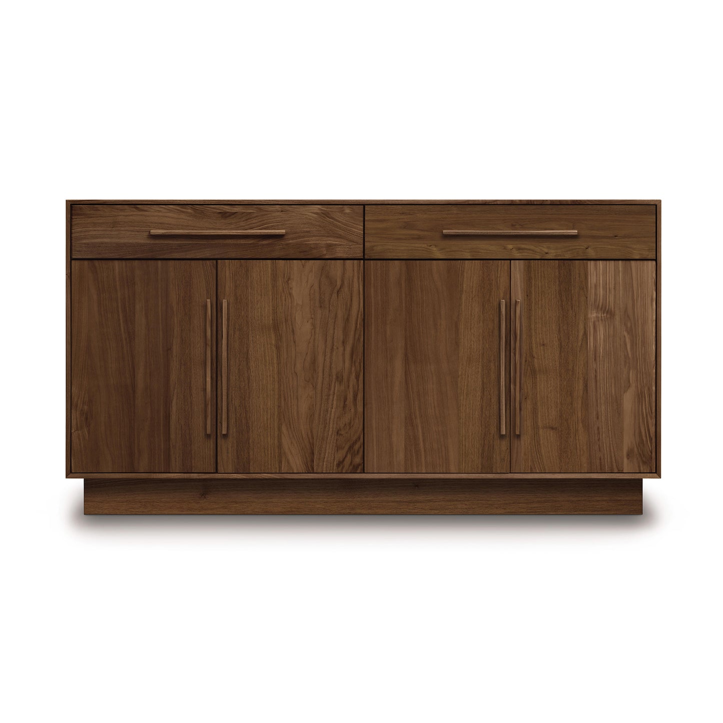 The Copeland Furniture Moduluxe 2-Drawer, 4-Door Dresser - 35" Series features a dark wooden finish and includes two top drawers above four cabinets, each adorned with metal handles. This sleek and minimalist dresser is handmade in Vermont and is showcased against a plain white background.