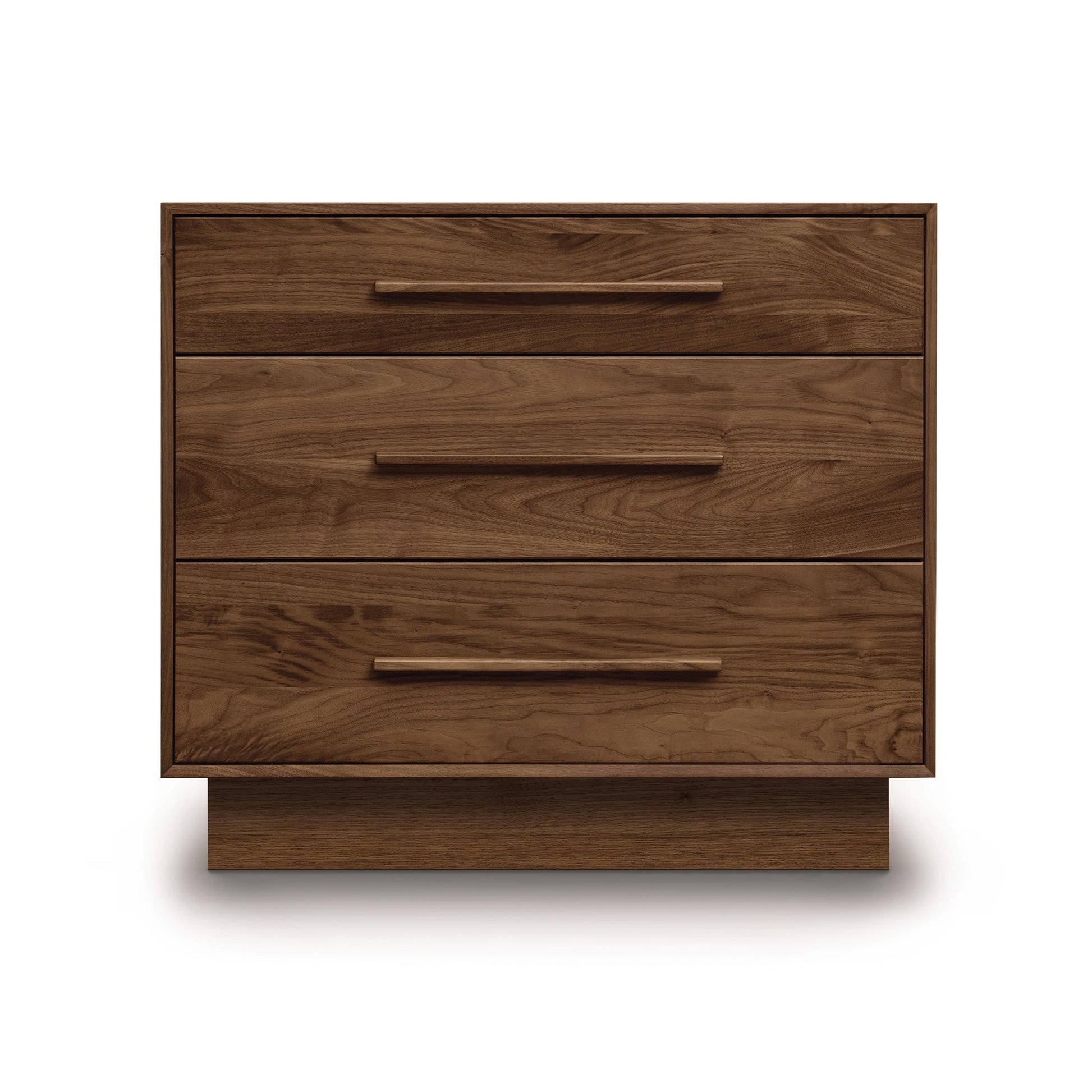 A modern Copeland Furniture Moduluxe 3-Drawer Chest - 29" Series nightstand with three drawers on a white background.
